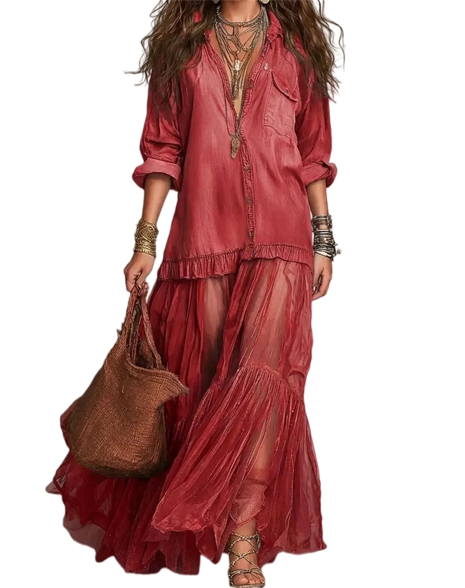 Vestido largo vintage de mezclilla sintética para mujer, cuello de manga larga, botones, escalonado, gasa, acampanado, casual, vestido camisero 2026