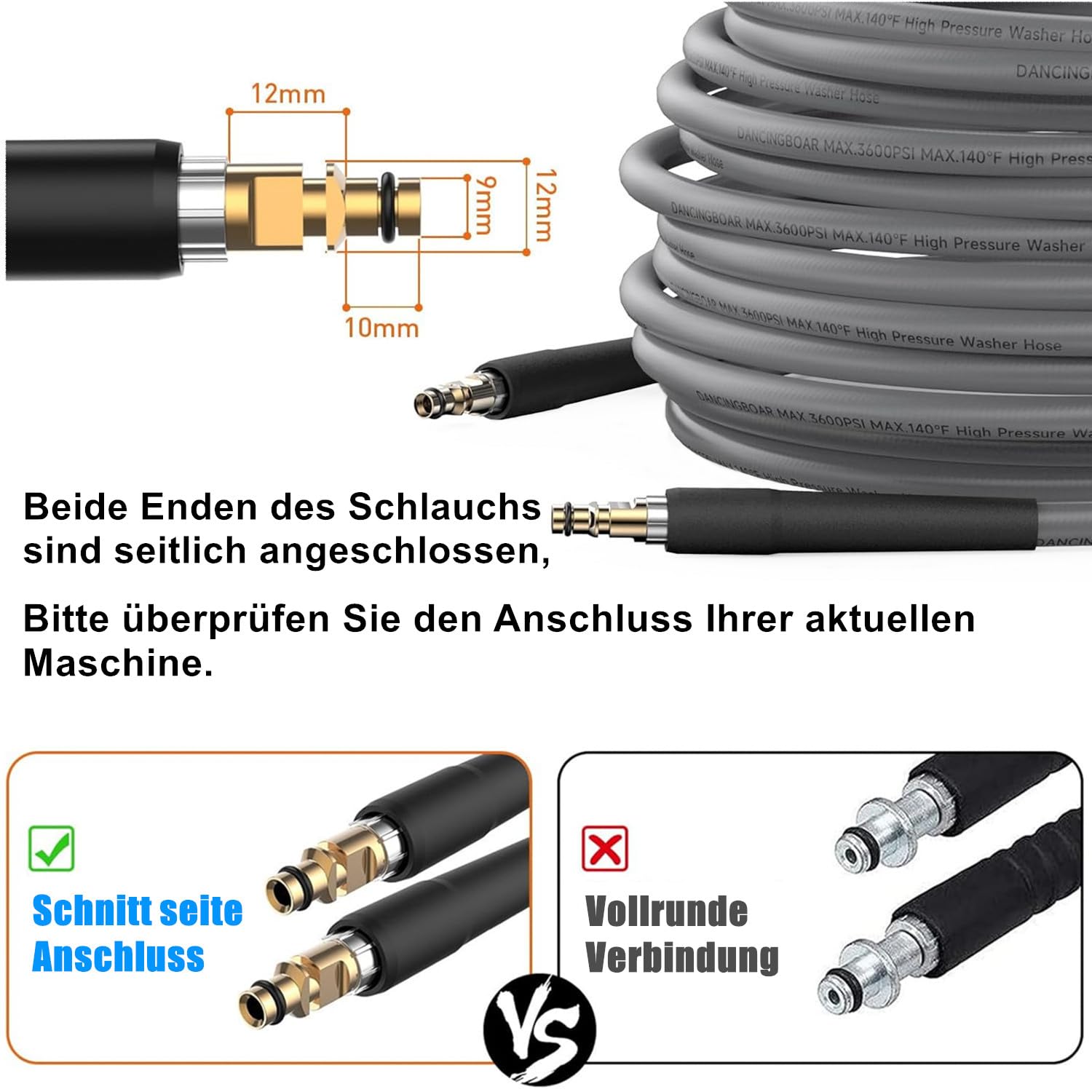 10m Gummi Hochdruckschlauch für Kärcher K2 K3 K4 K5 K6 K7, 3600PSI Superflexibel Jet Wash Verlängerungsschlauch mit Klick-Schnellkupplung Ersatzschlauch für Kärcher Zubehör
