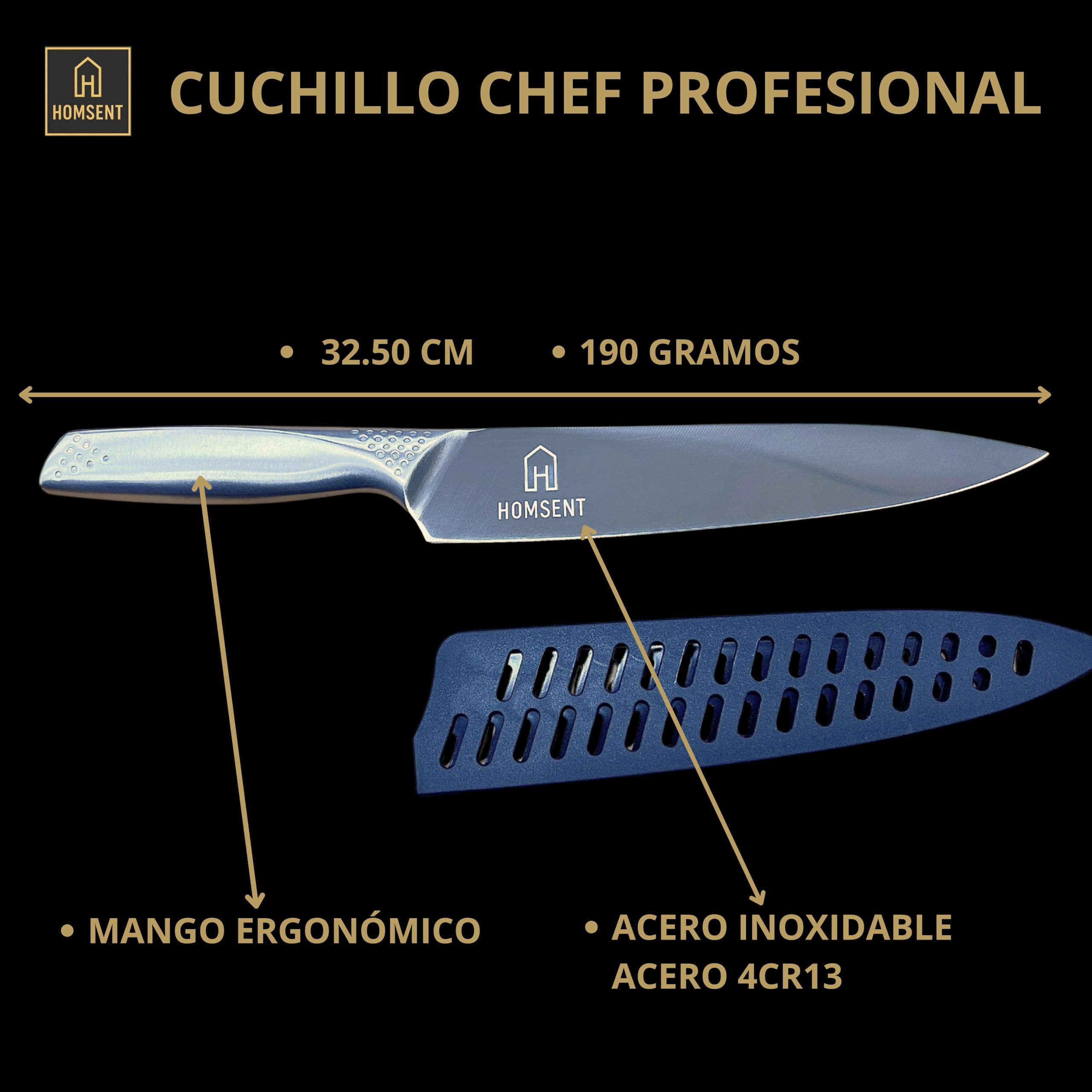 Set Cuchillo Chef 8" + Tabla Cortar Doble Cara | Afilador Integrado | |Antideslizante | Recetario con IA | Acero Inoxidable 304 y Fibra | Regalo Cocina | HOMSENT