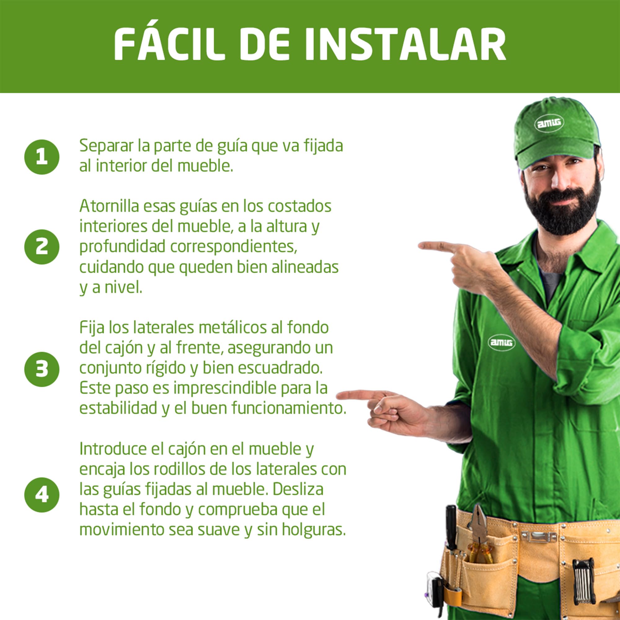 Amig - Juego de 2 Guías Correderas Metálicas Mod.30 con Ruedas y Lateral de Cajón Incluido para Cajones de Muebles, Cajoneras o Armarios - De Acero Acabado en Blanco - Medidas: 86 x 500 mm