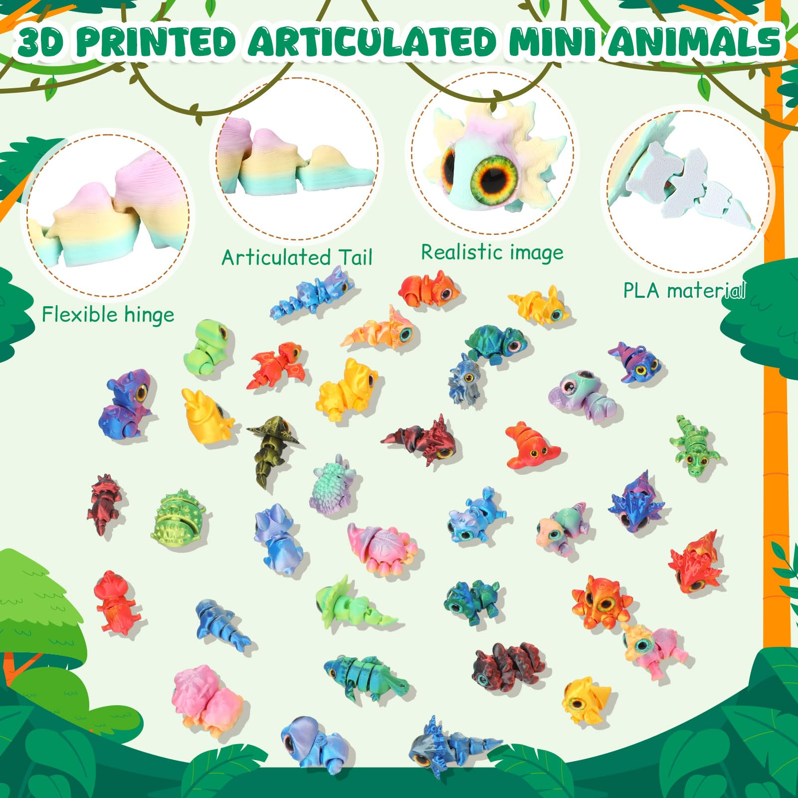 Set di 50 mini animali stampati in 3D con 50 capsule, mini figure di animali, per alleviare l'ansia, per distributori automatici di gomme da masticare, premi in classe, regali di Carnevale