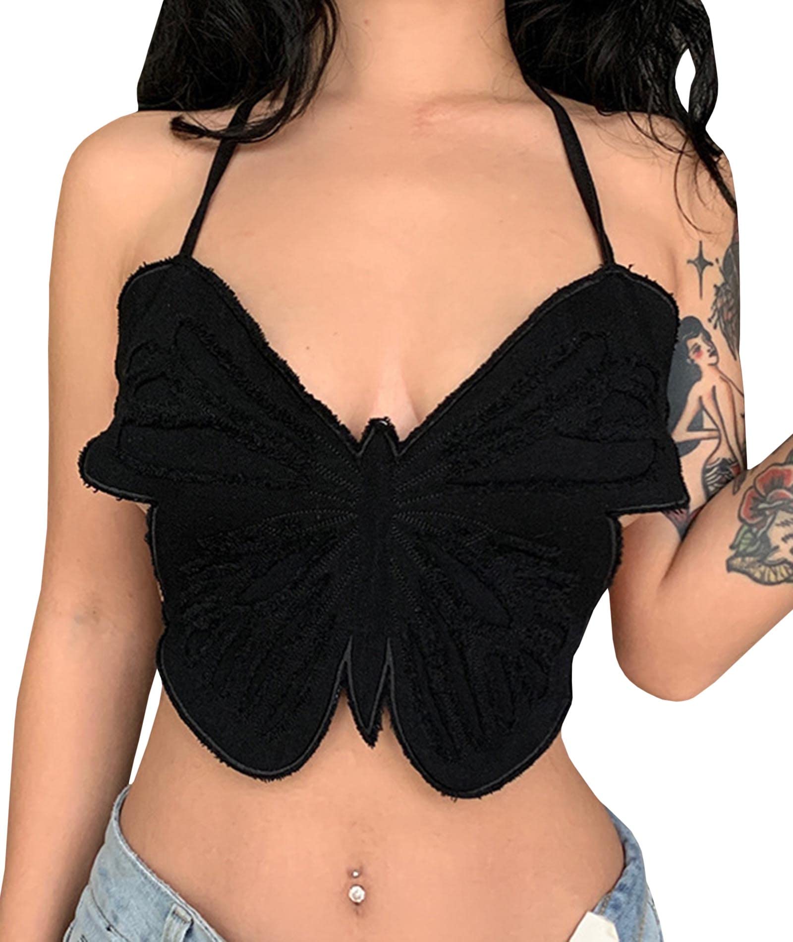 Raboolion Women's Y2k Denim Butterfly Crop Tank Top Sexy Halter