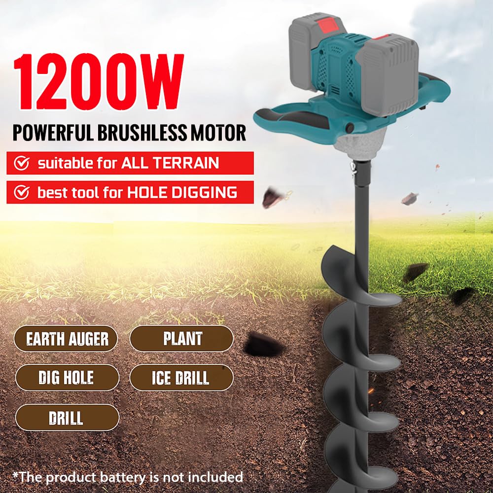 Akku-Erdbohrer für Makita 18V Batterie, 1200W Bürstenloser Motor, Geschikt voor Ø 350mm Vloerboor, Ijsboor, für Zaunbau, Garten & Fundament,Mörtelrührer, Lieferung ohne Ladegerät & Boor (ohne Akku)