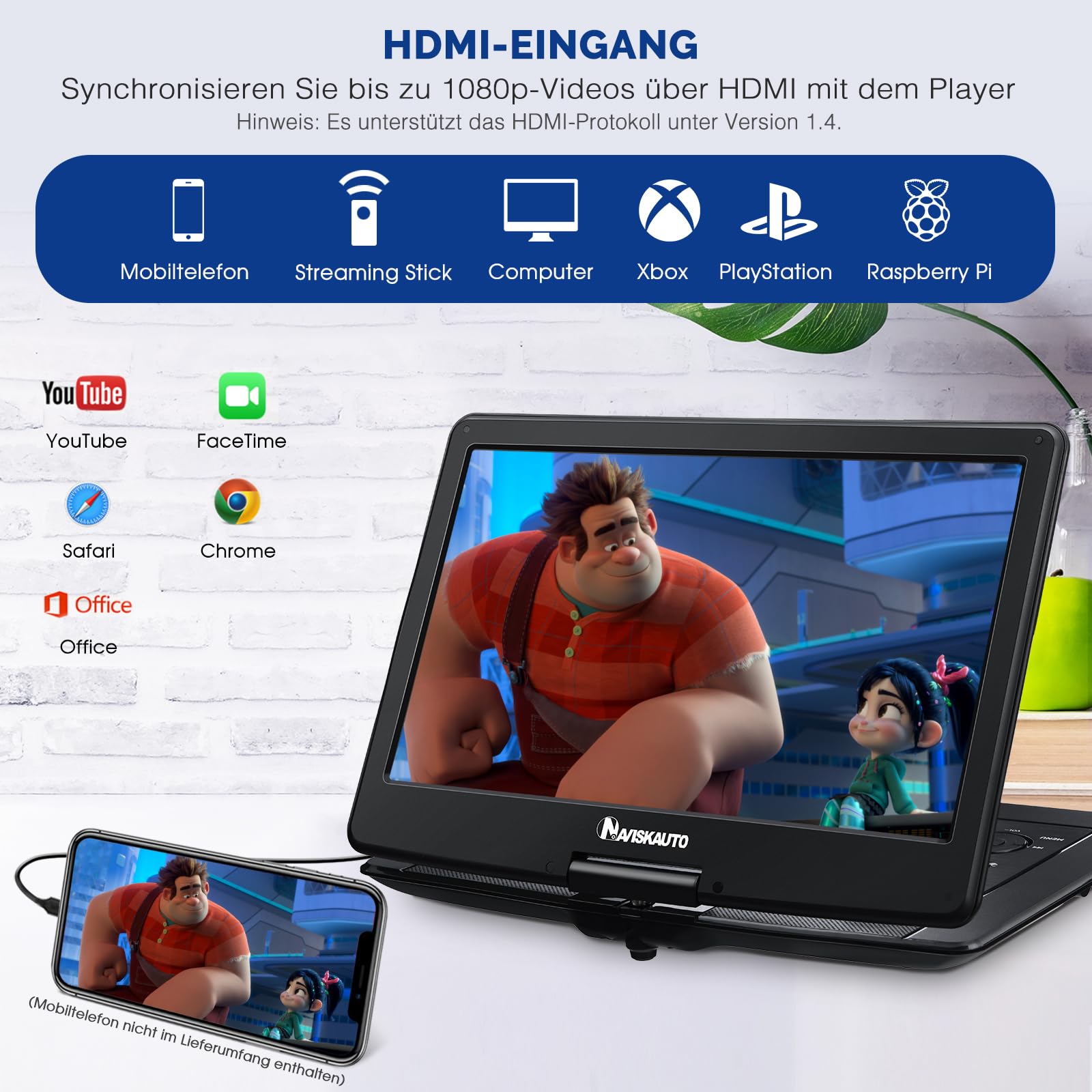 NAVISKAUTO 17,5'' Tragbarer DVD Player Auto Mit 15,6 Zoll HD Bildschirm, HDMI Eingang, 6 Stunden Akku, Mobiler DVD-Player Für Kinder Unterstützt USB, SD Karte, Sync TV/Projektor