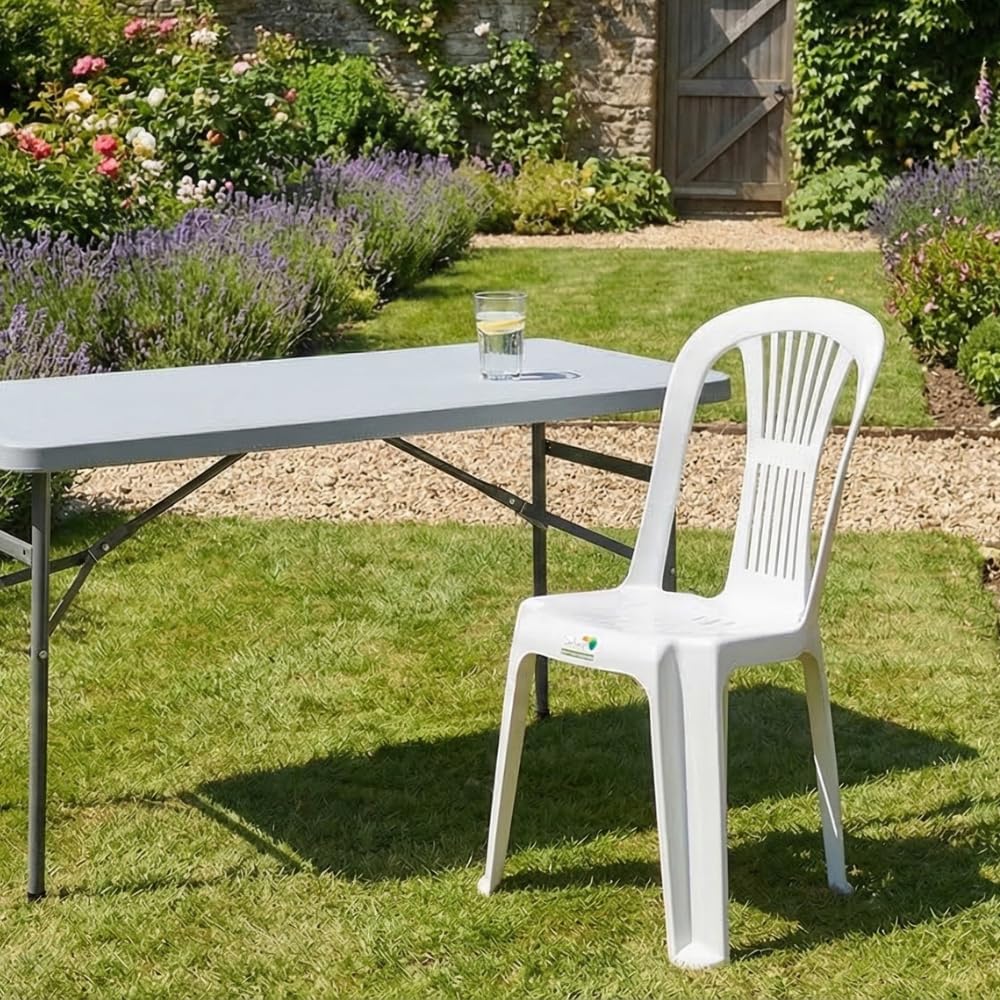 Pack 4 Silla Alta de Plástico Apilable sin Reposabrazos para Catering, Jardín, Terraza y Playa, Ergonómica de PVC, Cómoda, Resistente para Exterior. Fácil de Transportar