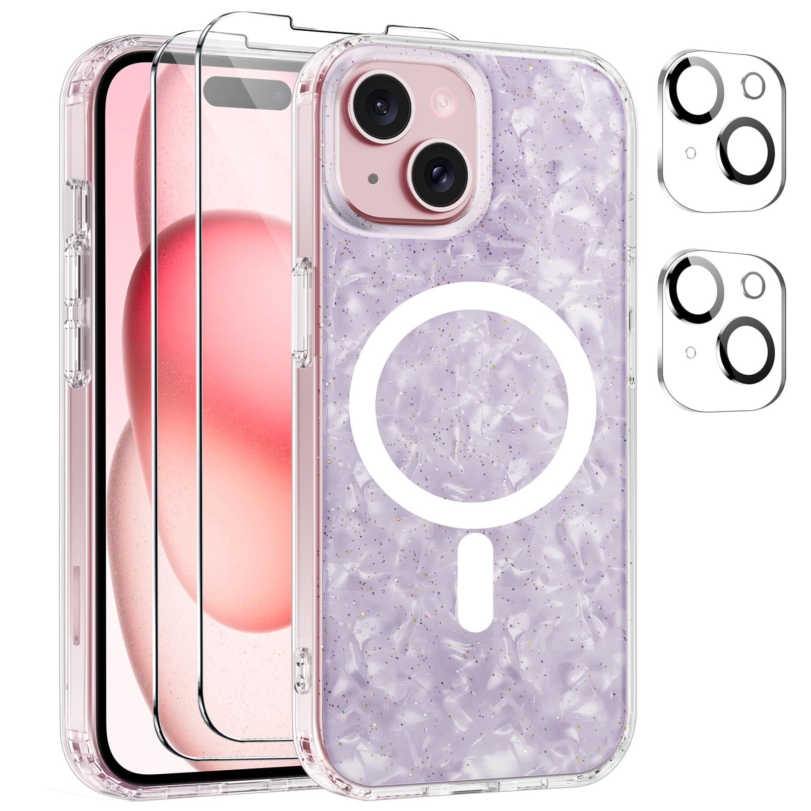 Czyoa Magnetic Cover per iPhone 15 Compatibile con 2 vetri temperati e 2 vetri per Fotocamera, Trasparente Slim Back PC+TPU Bumper Shockproof - Conchiglia Color Lilla - D5
