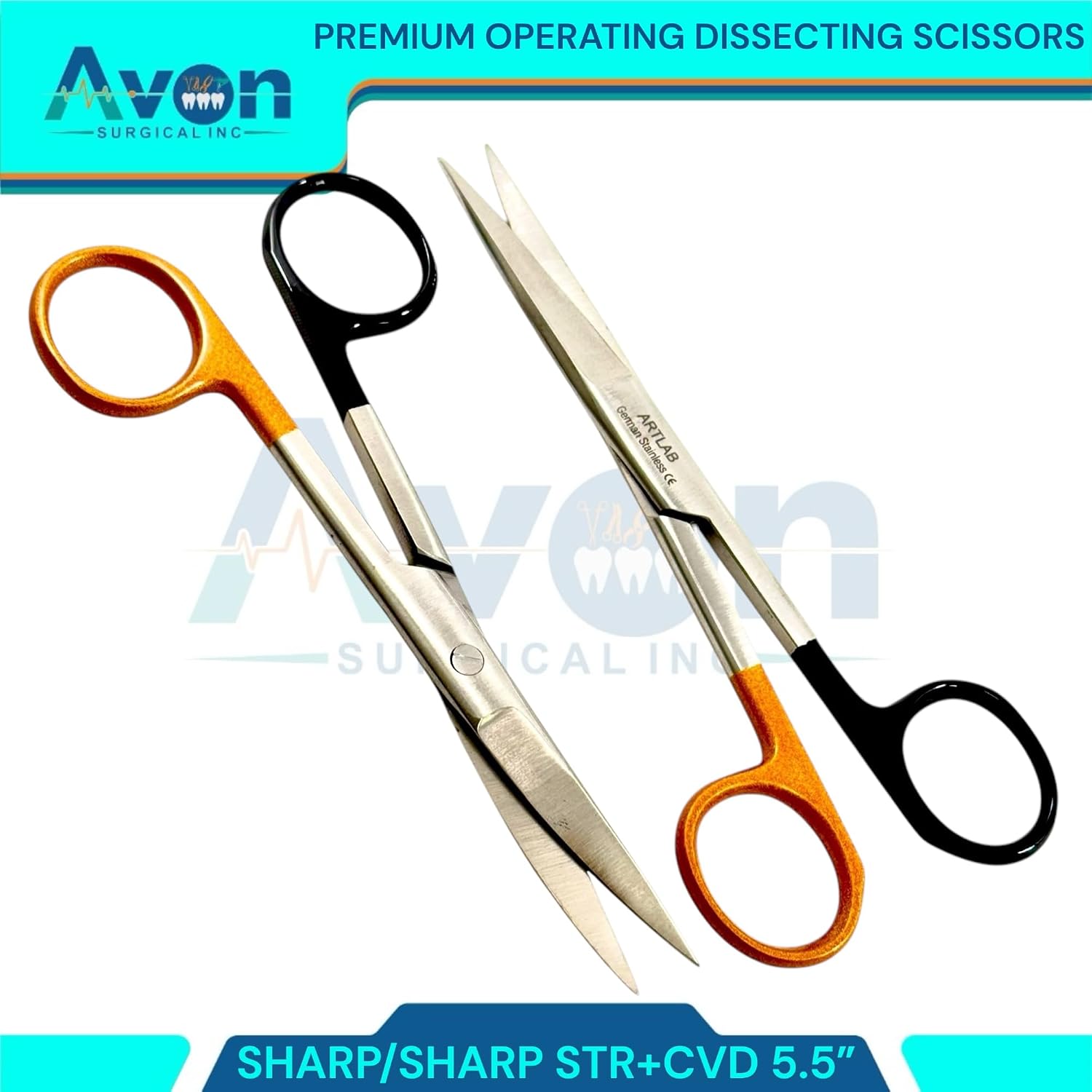 4pcs Bundle - Dissecting Operating Scissors 4.5in & 5.5in, Sharp Tips, Curved & Straight - Black & Gold Handles - German Stainless Steel Autoclave-Safe O.R Scissors