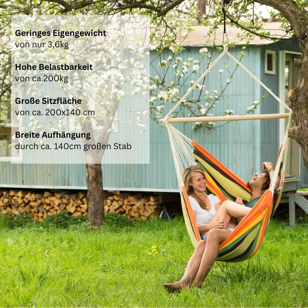 AMAZONAS - XXL Hängesessel Brasil Gigante | Hängesessel ohne Gestell mit großer Sitzfläche, handgefertigt in Brasilien | Belastbar bis 200 kg; Sitzfläche 2m x 1,4m; Stablänge 1,4m | Farbe: Esmeralda