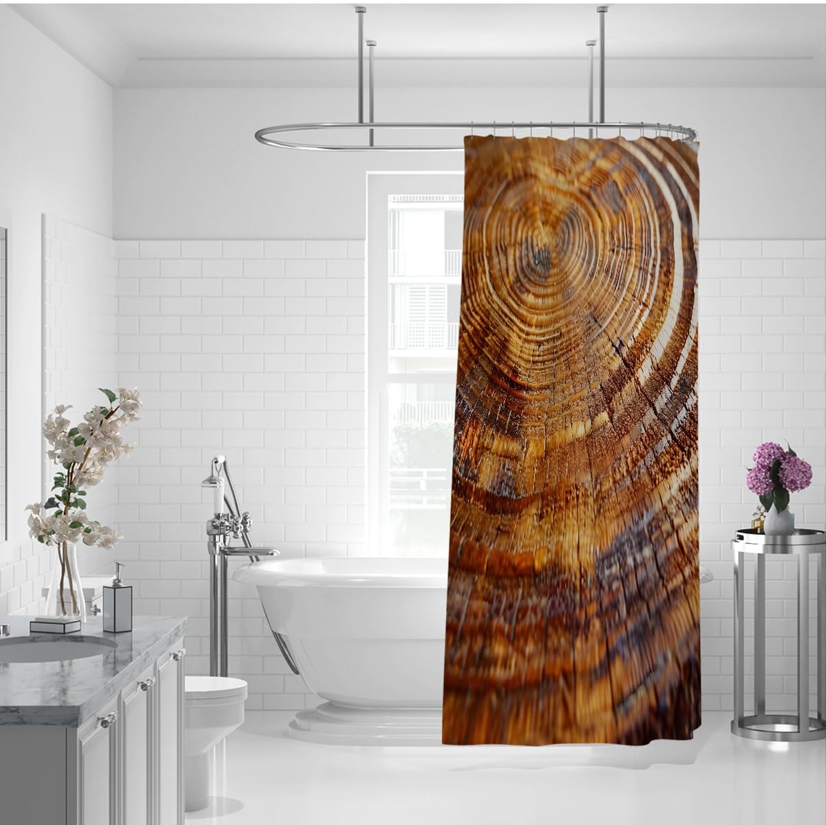 Rideau de Douche Style Ferme Texture Bois Naturel Décoration de Salle de Bain Bois Rustique Rideau de Douche Anneau annuel Tissu imperméable 200 x 240 cm