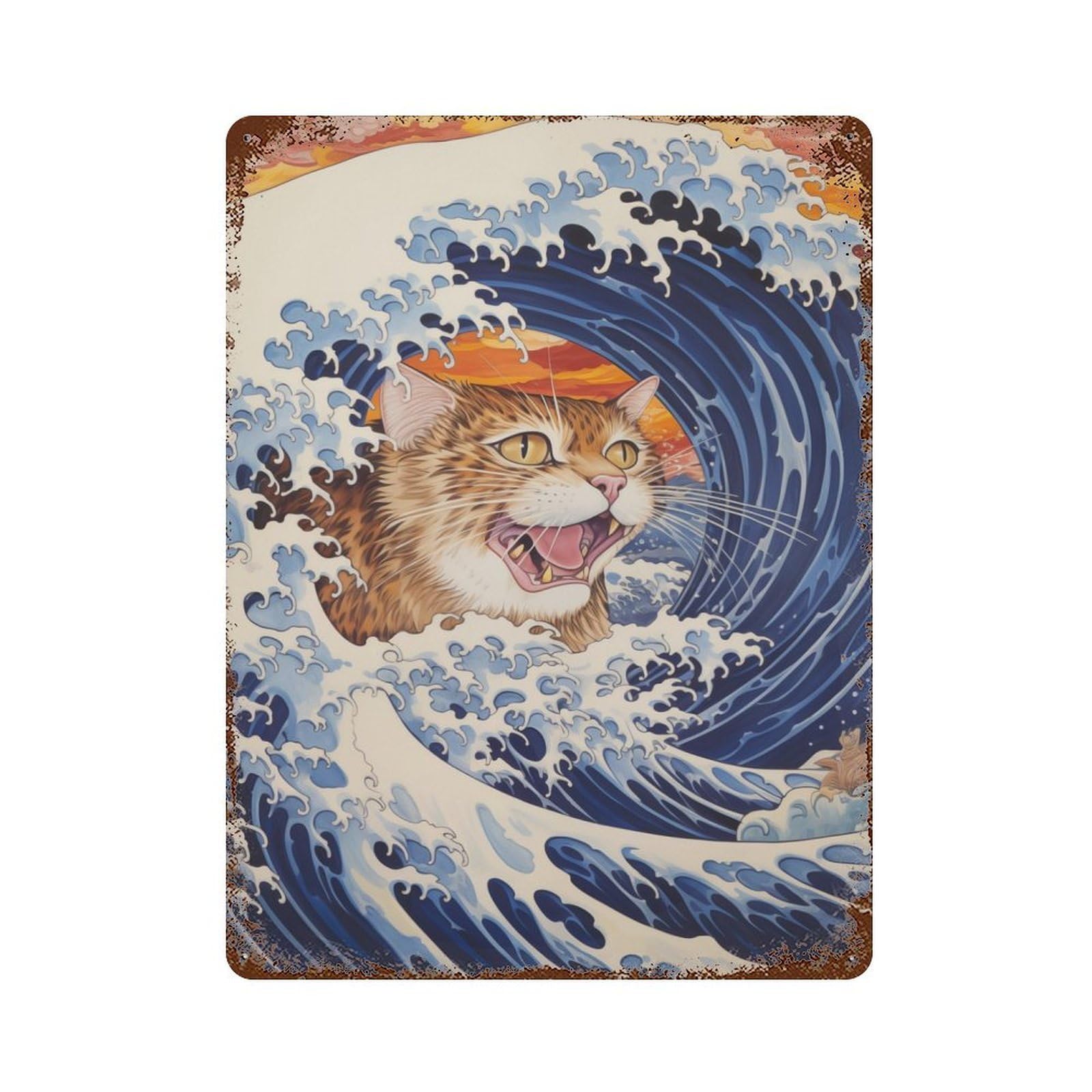 Rust Effect Cat in Great Wave Aged Metal Wall Plaque 15.7"x11.8", Farmhouse Wall Decor for Office, Studio And Wall Decor