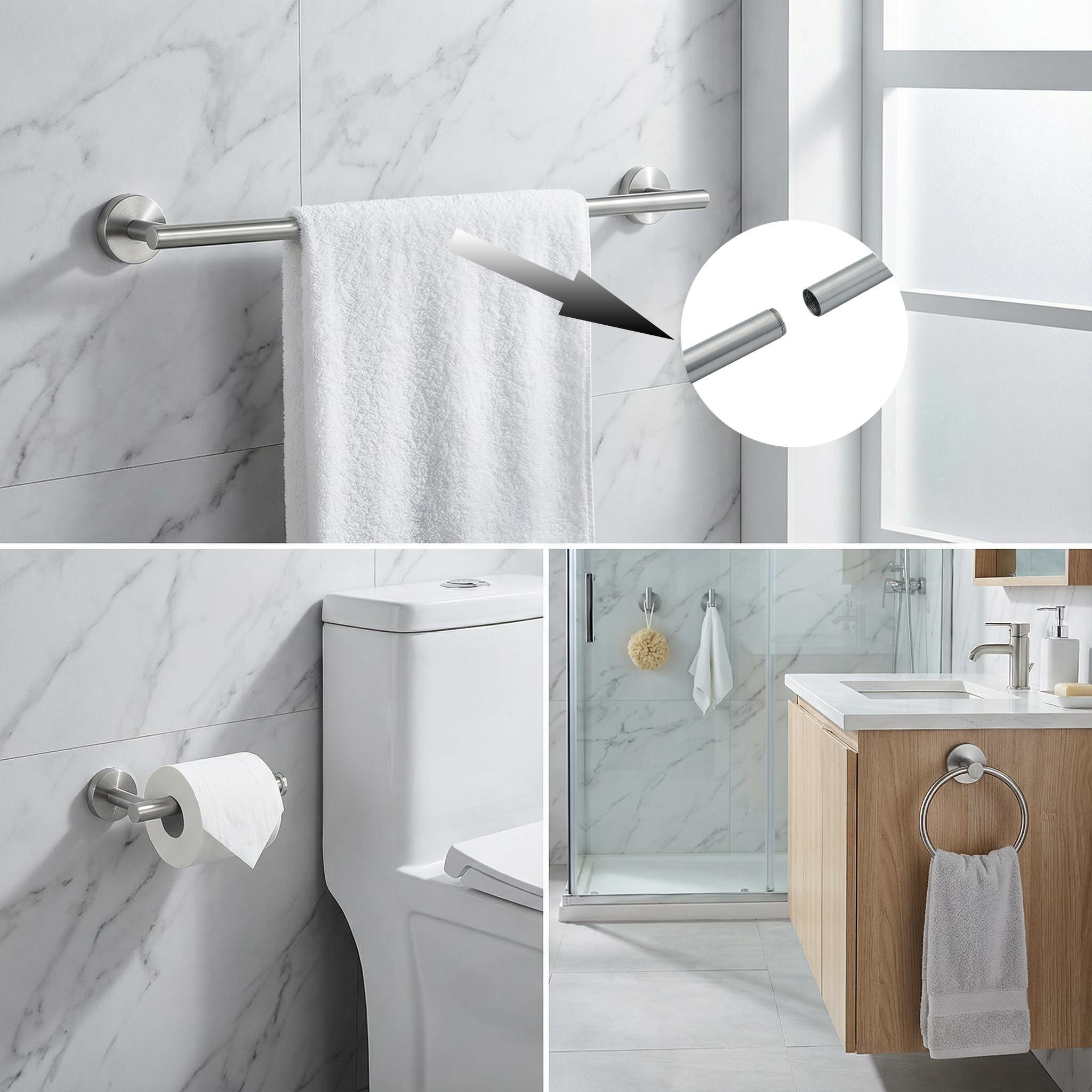 Níquel Cepillado Juego de 5 Piezas SUS304 Acero Inoxidable Toallero Barra de 60 cm Toallero Anillo Gancho Albornoz Montaje en Pared Accesorios de Baño para Baño Moderno