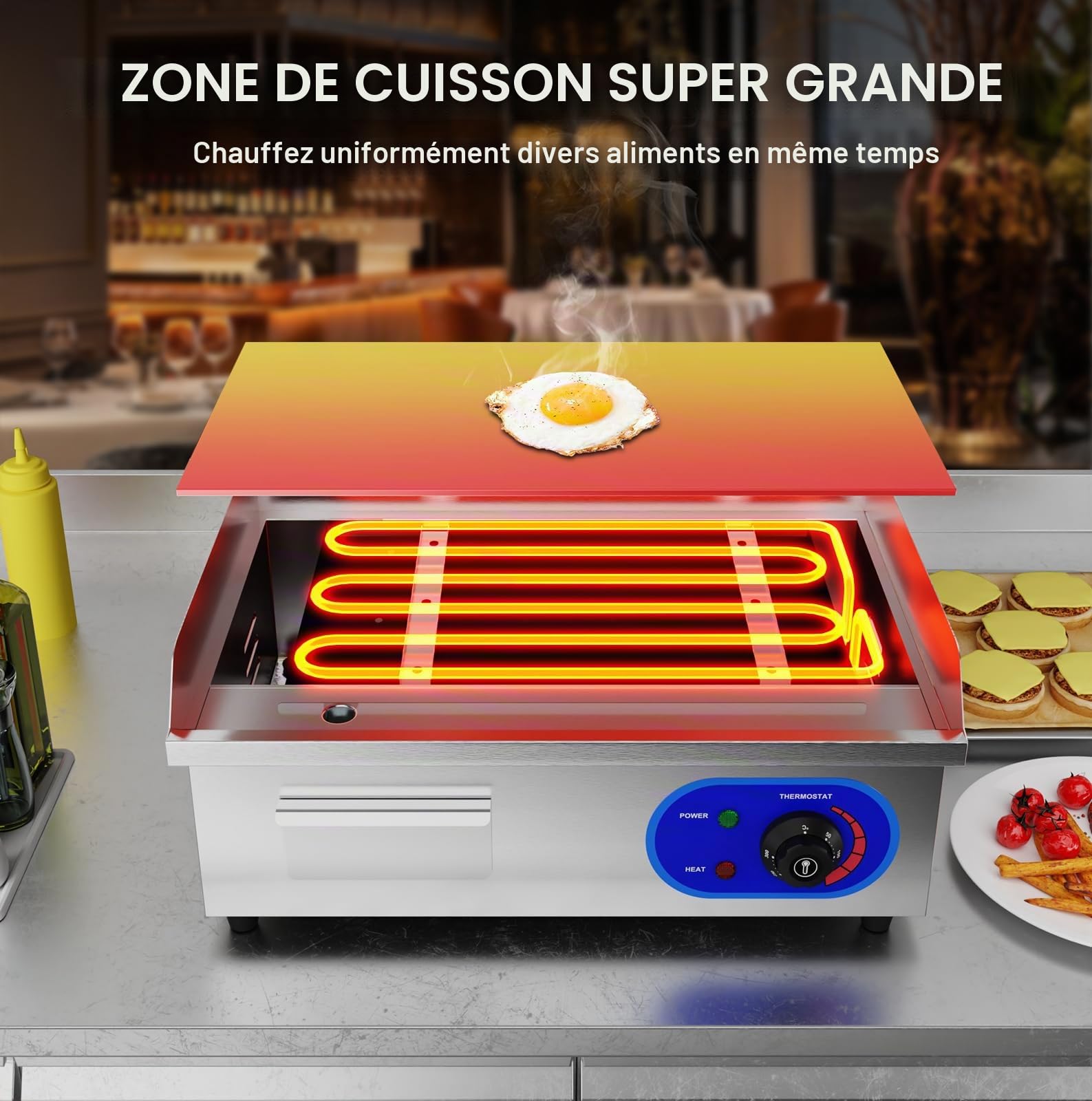 TAIMIKO Plancha Électrique Professionnelle en acier inoxydable Commercial Plaque de Gril en Fer 3000W 220-240V Lisse