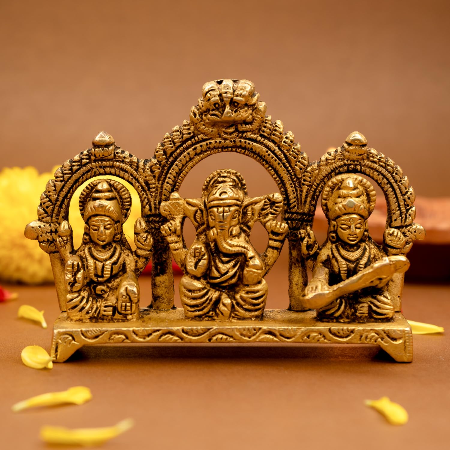 Ekhasa Gold 100% Pure Brass Laxmi Ganesh Saraswati Murti (Size: 8.0 Cm) | Lord Ganpati Lakshmi Saraswati Maa Idol For Diwali Puja | God Idols For Pooja Room Or Griha Pravesh Ceremony