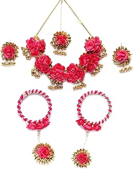 White & Gold Pearl Tasselled Gota Patti Floral Beaded Haldi & Mehendi Necklace With Earrings, Maang Tikka & Bracelet Jewellery Set For Girls and Women