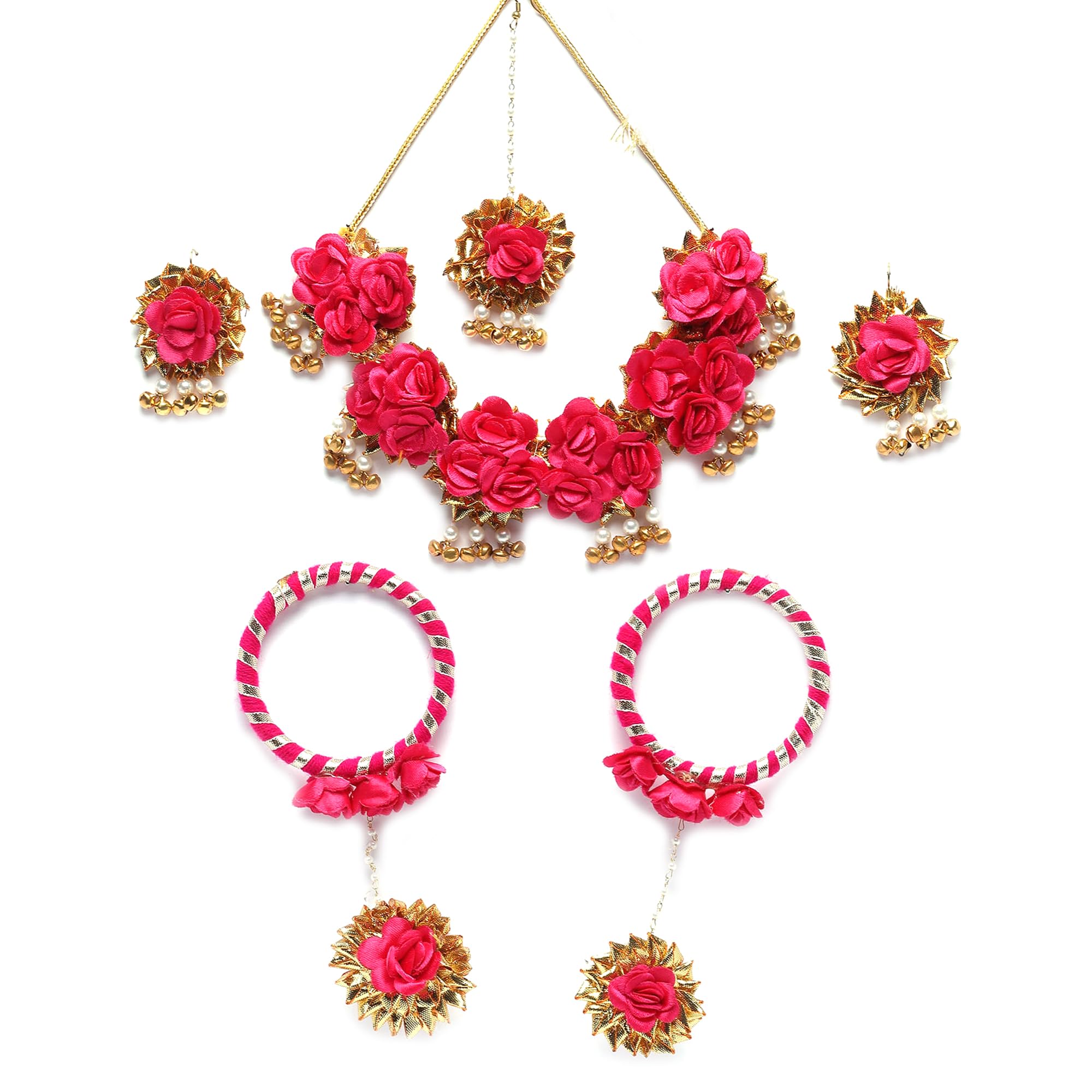 White & Gold Pearl Tasselled Gota Patti Floral Beaded Haldi & Mehendi Necklace With Earrings, Maang Tikka & Bracelet Jewellery Set For Girls and Women