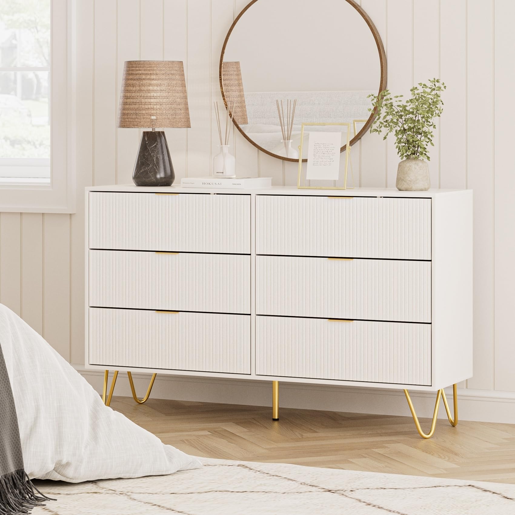 Commode Moderne 6 Tiroirs Blanc Avec Pieds Dorés - 100x34x73 Cm, Rangement Chambre, Salon, Entrée - Design épuré Et Stable