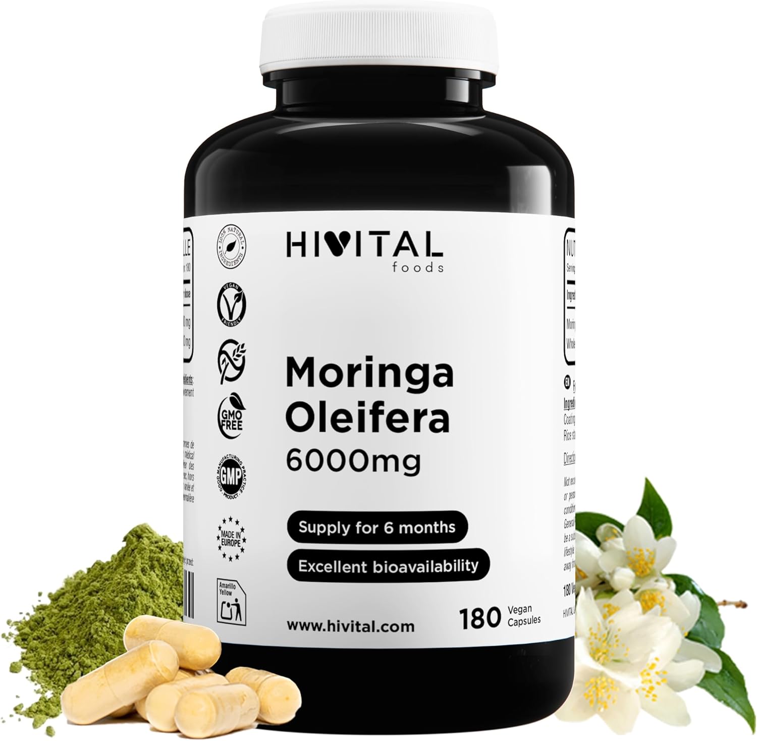Moringa Oleifera 6000 mg. 180 vegan capsules for 6 months of treatment. Natural extract source of vitamins, minerals, amino acids and fatty acids. Made in Europe by HIVITAL