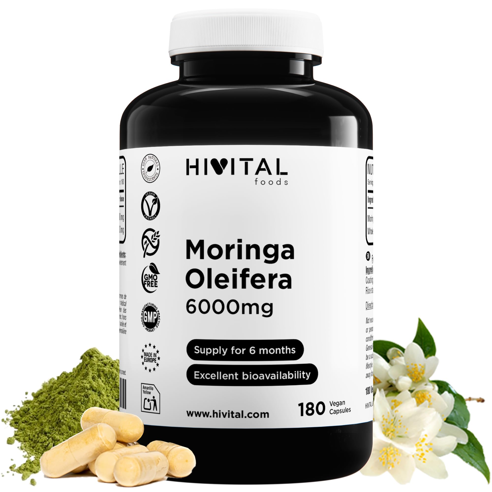 Moringa Oleifera 6000 mg. 180 cápsulas veganas para 6 meses de tratamiento. Extracto Natural fuente de Vitaminas, Minerales, Aminoácidos y Ácidos grasos. Fabricado en España por HIVITAL