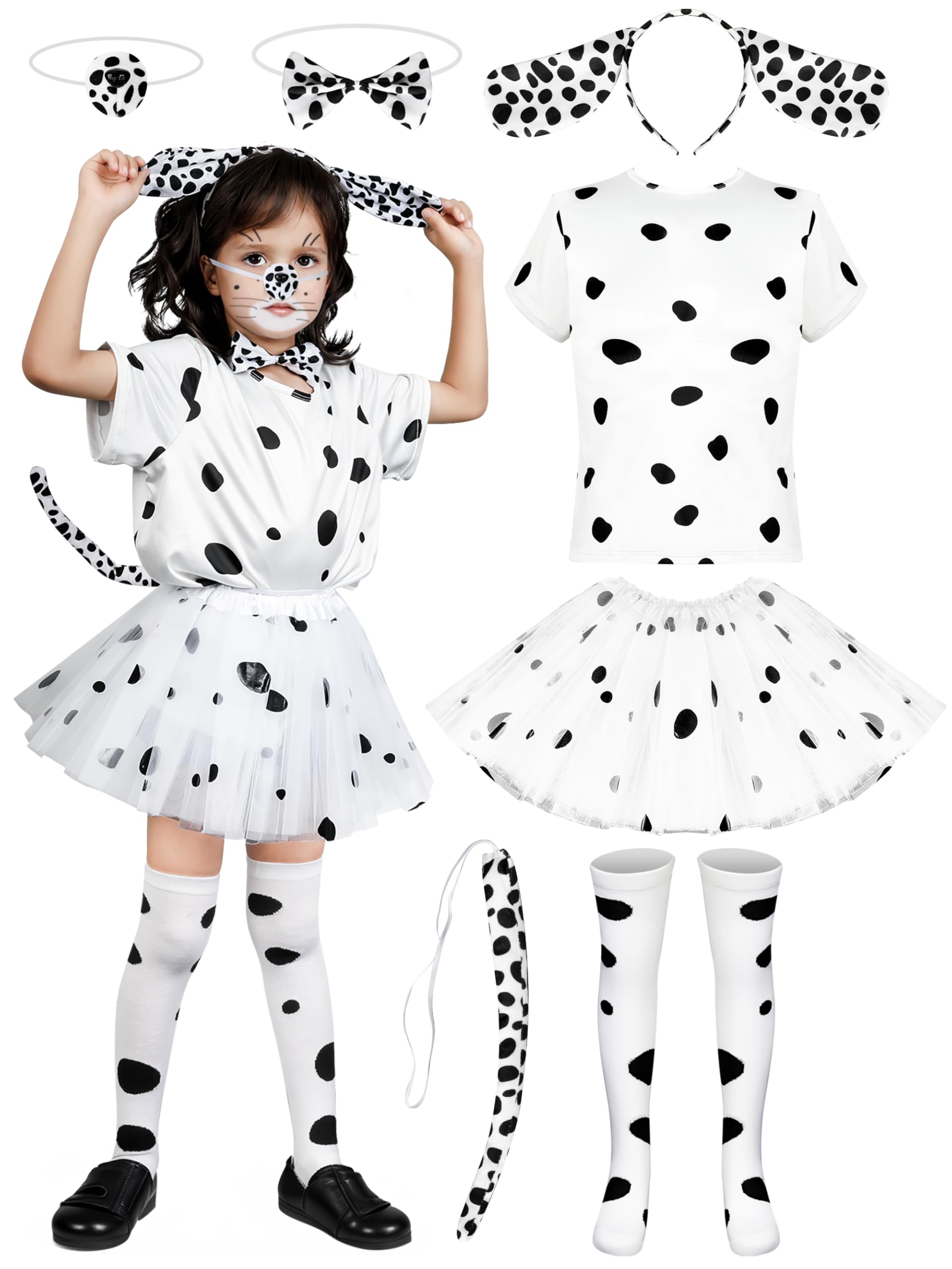 QZYLDalmatian Halloween Costume Puppy Polka Dot Cosplay Outfit for Girls Tutu Shirt with Headband, Tail, Nose, Bowtie and Socks