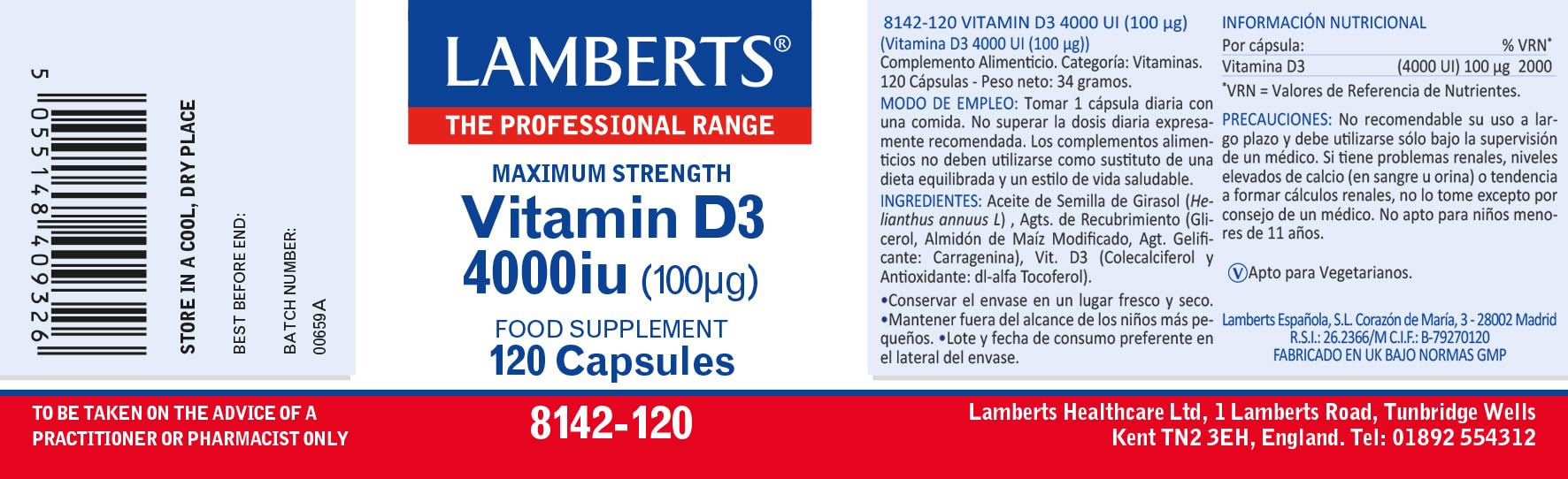 Lamberts Vitamina D3 4000 UI (100 µg) | 120 Cápsulas | Una al Día | Máxima Resistencia | Colecalciferol en Aceite de Girasol | Calidad Farmacéutica GMP