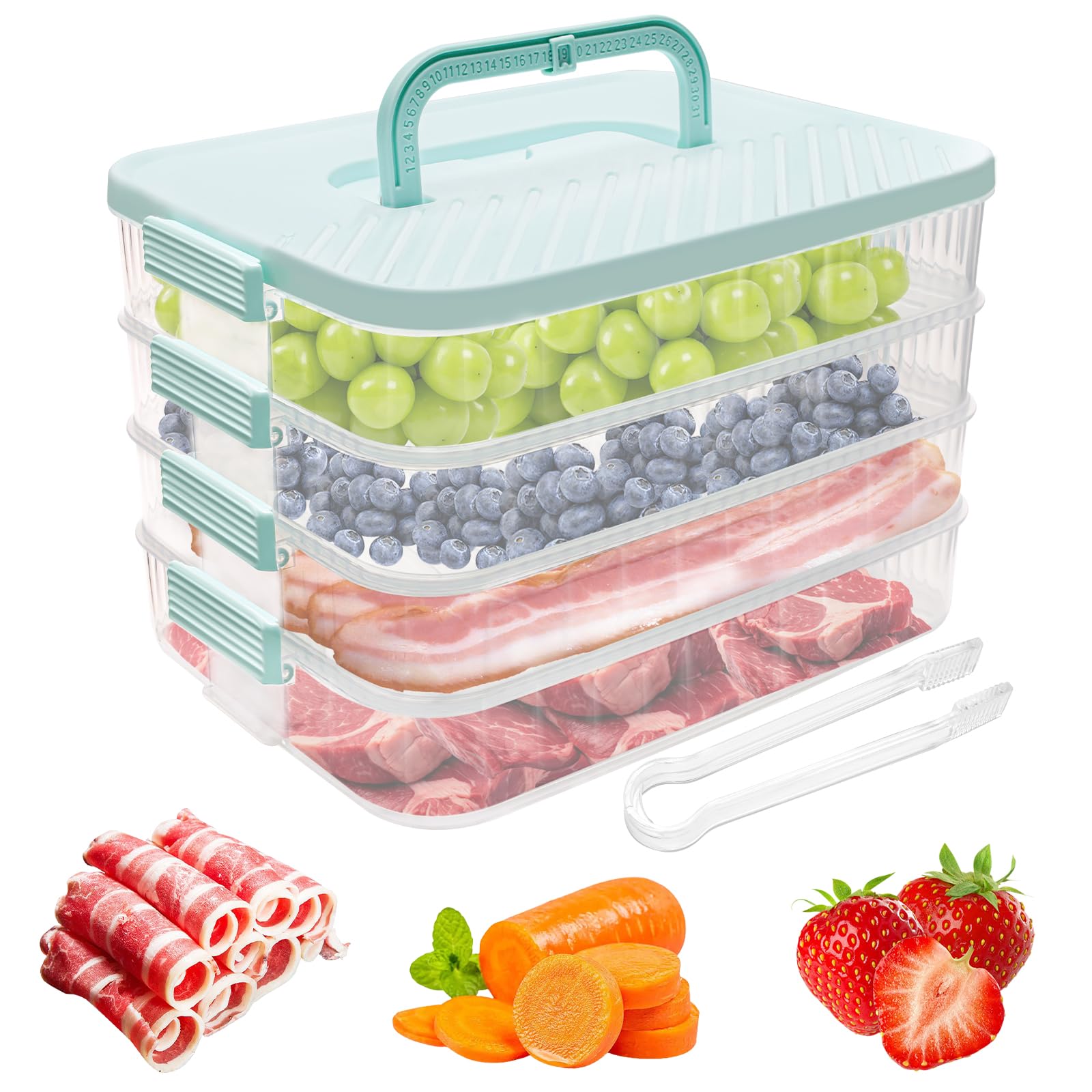 Food Storage Containers, Deli Meat Container for Fridge with Tong Cookie Containers with Lids Airtight Dumplings Freezer Containers for Deli Meat, Seafood, Dumplings, Cheese and Cookies (4 layer)