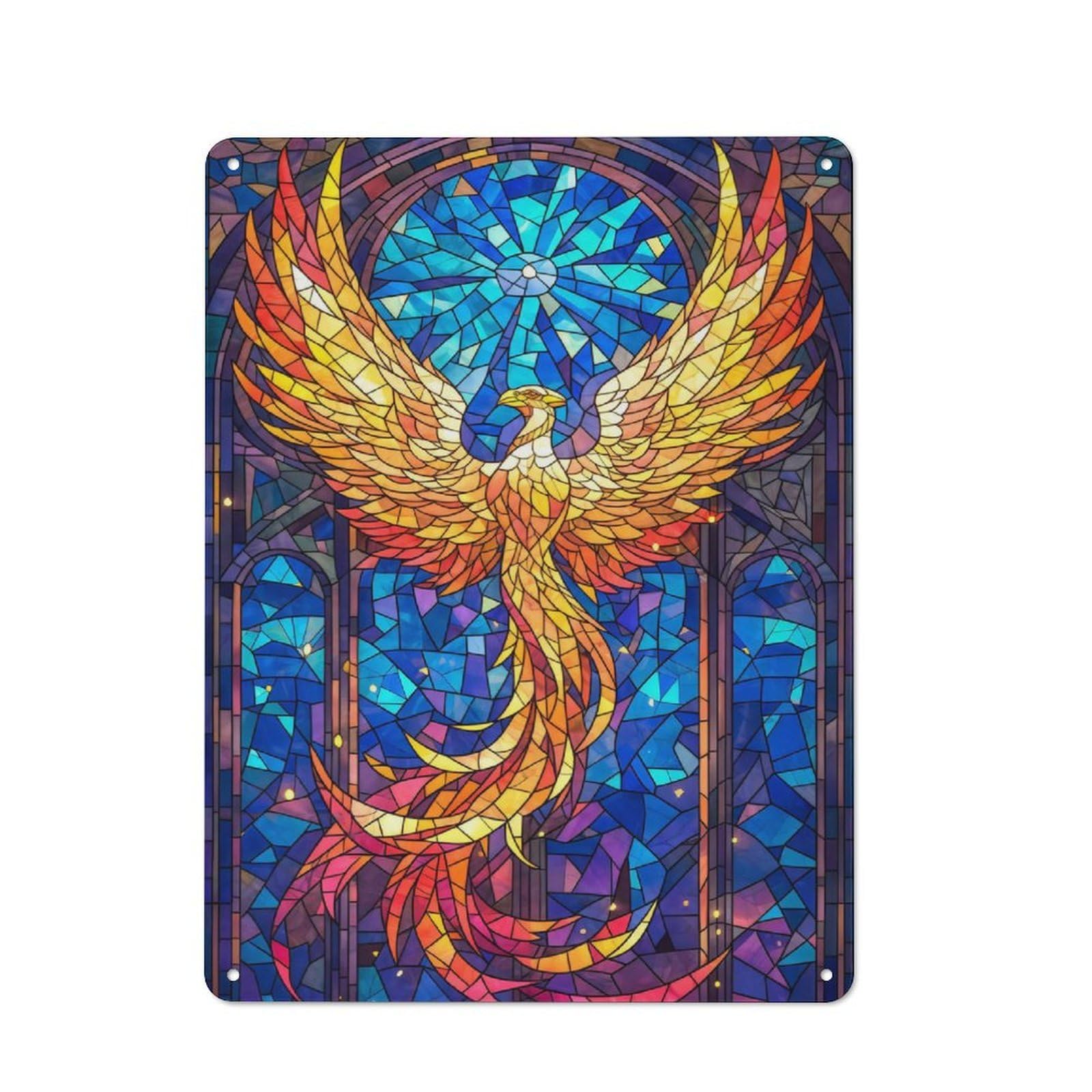 Metal Wall Sign with Phoenix Stained Glass Design 40x30cm, Modern Retro Urban Room Decor for Workspace, Cafe, Hallway Or Garage