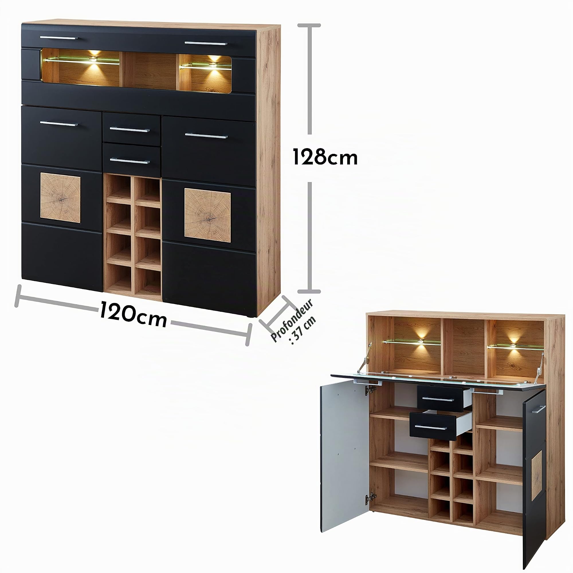 Stella Trading SONATE Armoire de Bar en chêne Vieilli - Noir - Meuble Haut Moderne avec étagère à Bouteilles et éclairage LED - 120 x 128 x 37 cm (l x H x P)