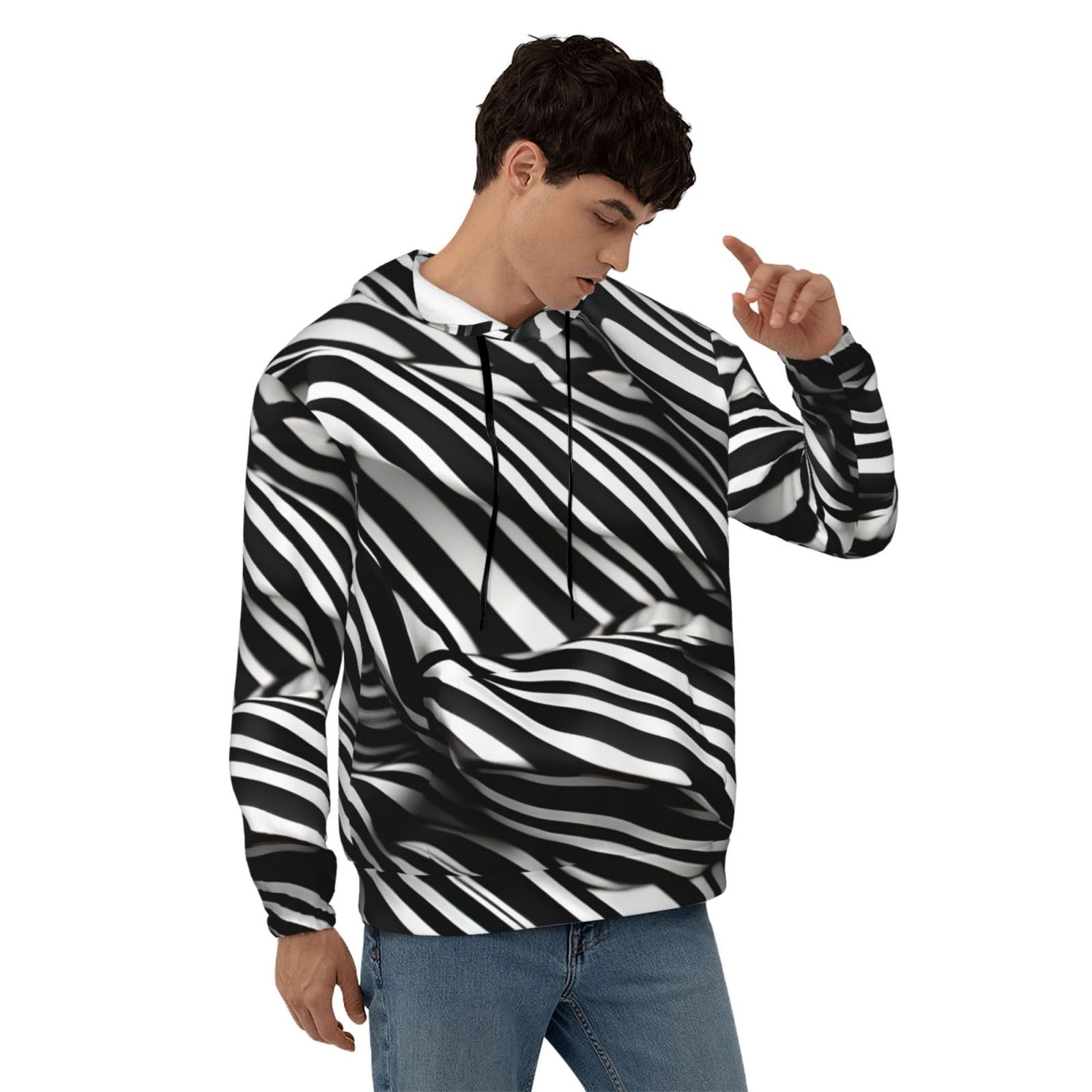 Męska bluza z kapturem w czarne białe paski, casualowa grafika z nadrukiem bluzy z kapturem z kieszenią