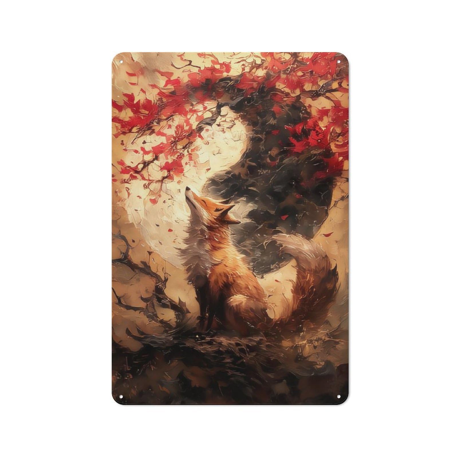 Junmoney Cherry Fox Yin And Yang Rustic Tin Sign 30X20cm For Living Room Or Hallway, A Metal Wall Feature For Living Rooms And Hallways
