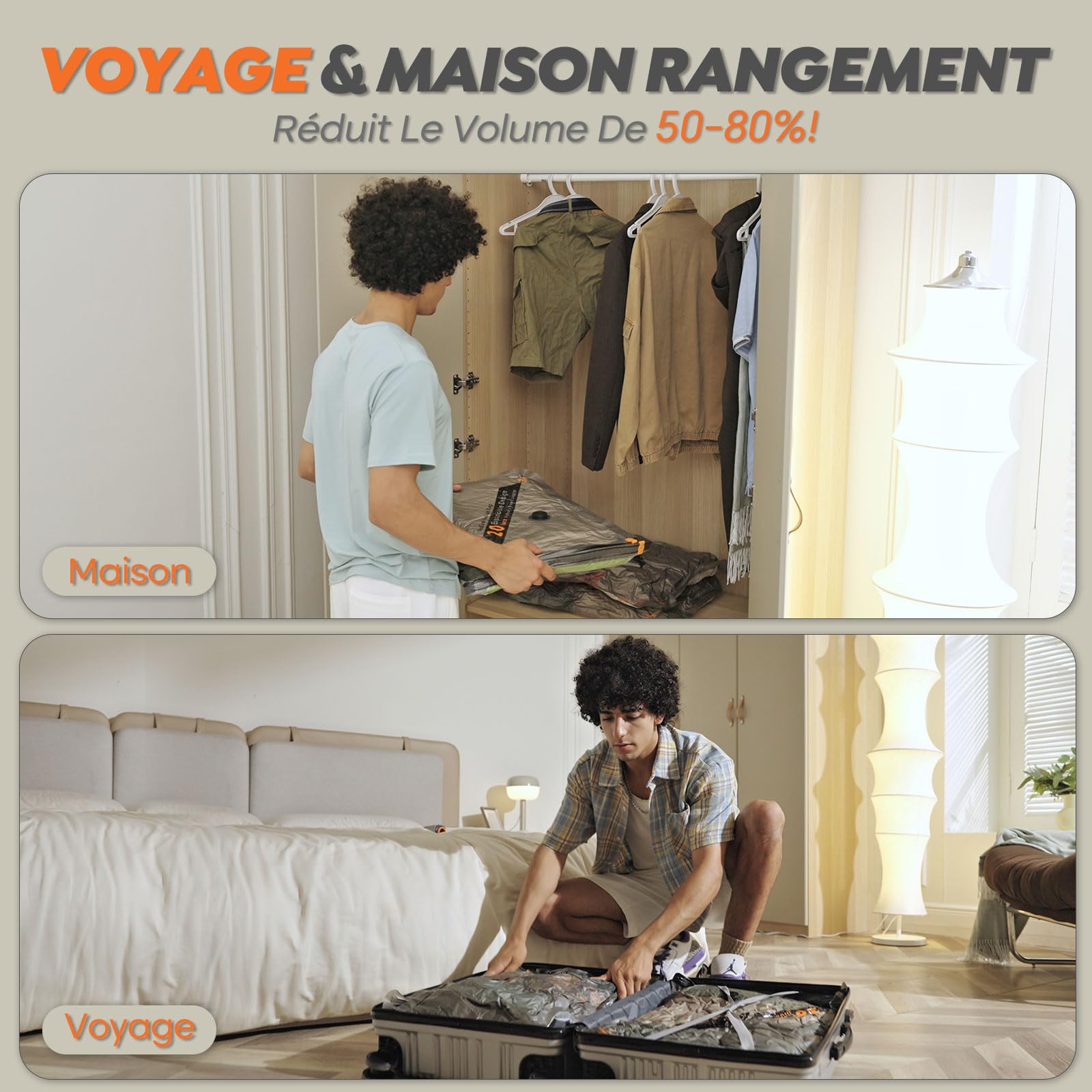 Vacbird Sac de Rangement Sous Vide avec Pompe à Vide Sans Fil, 10 Pièces (4 * 40x54cm, 4 * 47x64cm, 2 * 54x74cm), Sac Sous Vide Vetement Peu Encombrant – Idéaux pour Voyager et Organiser Vos Bagage