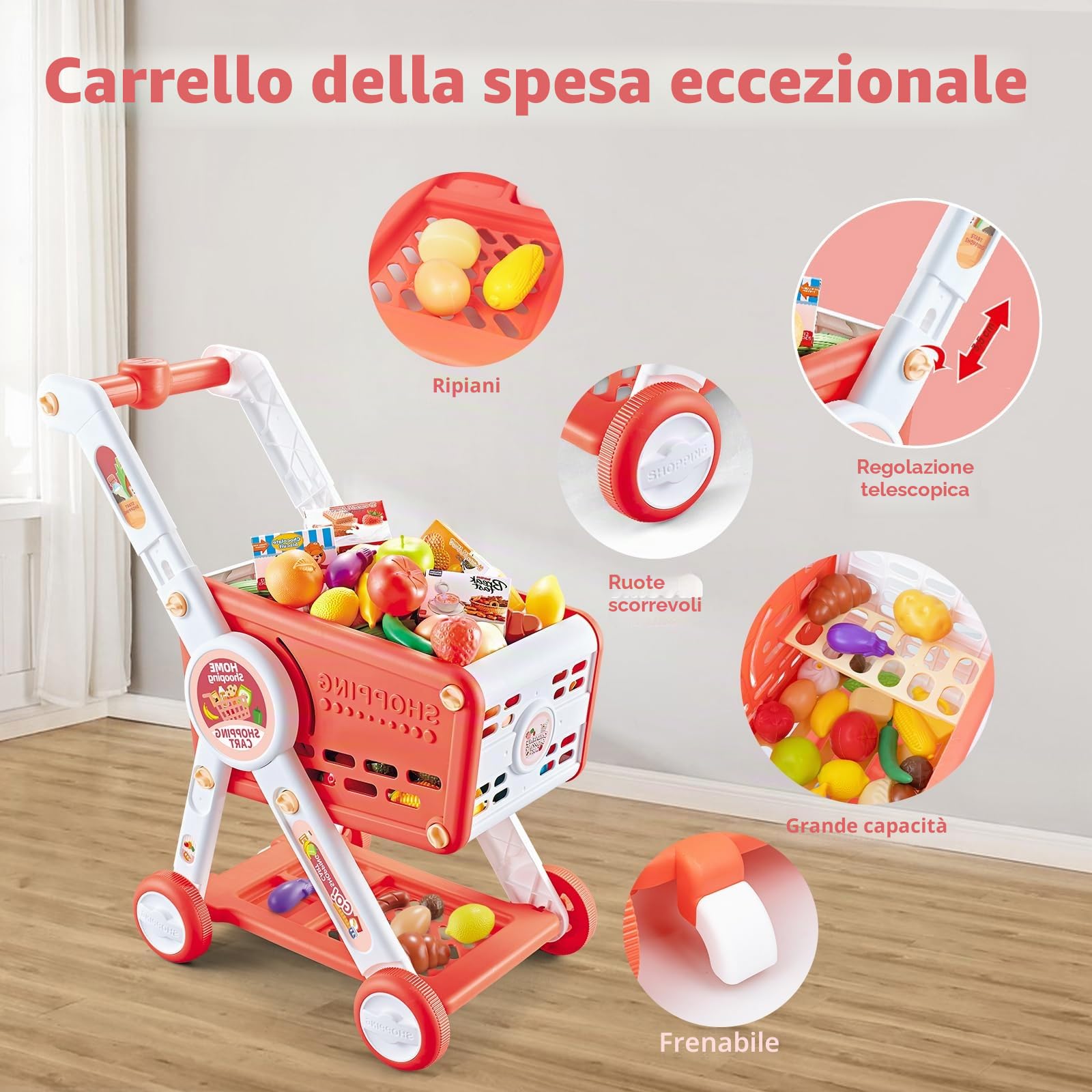 Carrello Spesa Giocattolo Bambini, 31PCS Supermercato Carrello Spesa con Accessori Alimenti Frutta Verdura , Gioco di Ruolo Cestino della Spesa Giochi del Negozio per Ragazzi Ragazze (Rosso)