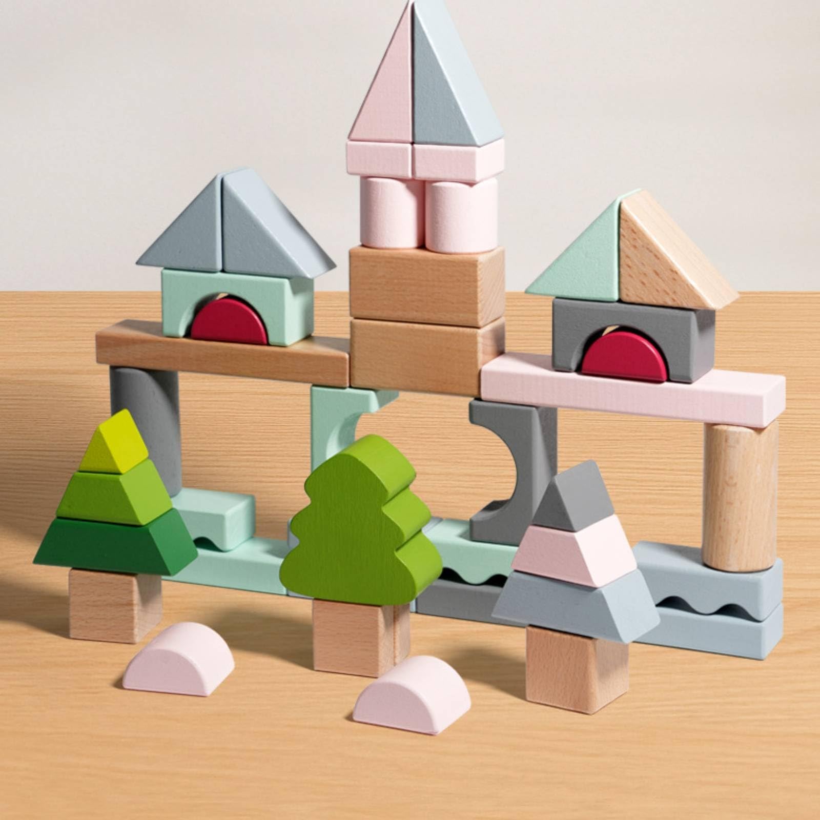 Gralara Blocchi di Legno con Vassoio Colorato Set di Blocchi da Costruzione in Legno Naturale Giocattolo per Spazio Giochi, Asilo Nido, Scuola Dell'infanzia