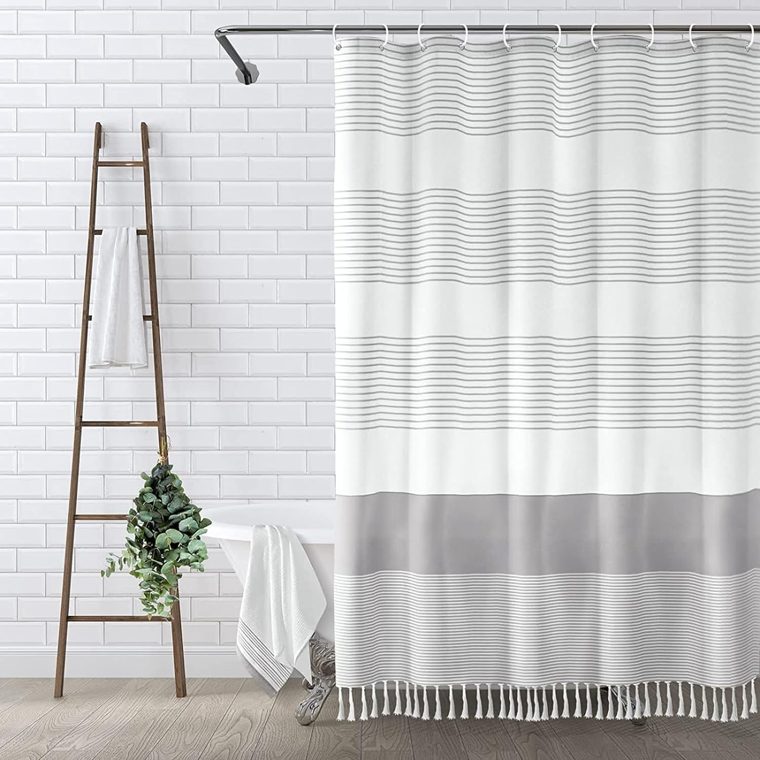 Awellife Boho Gray Shower Curtain for Bathroom Extra Long Stripe Tassel Shower Curtain 72 X 96 Inches Grey 72"W x 96"L