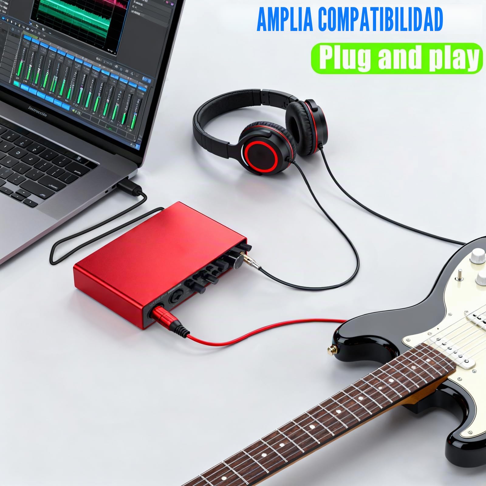 USB Interfaz de Audio para Ordenador Grabación de Música (Rojo), 2 Canales de Guitarra Interfaz de Audio, 32Bit/192kHz Podcasting Streaming con 48V Phantom Power