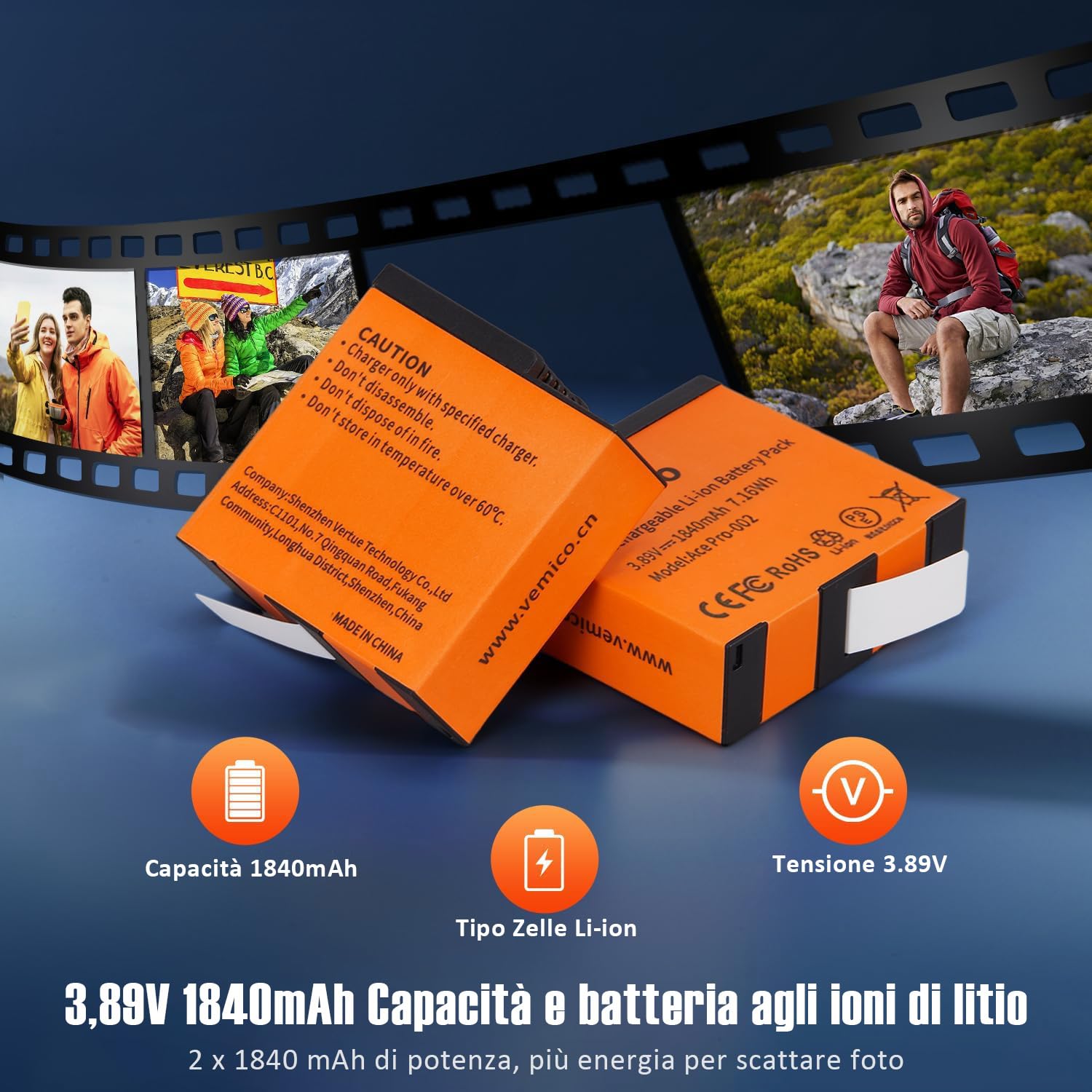 Vemico 360 Ace Pro 2 batterie di ricambio 2 x 1840 mAh Dual Tipo-C Canale caricatore LED con interfaccia di ricarica micro USB per fotocamera / 360 Ace Pro 2/360 Ace / 360 Ace Pro