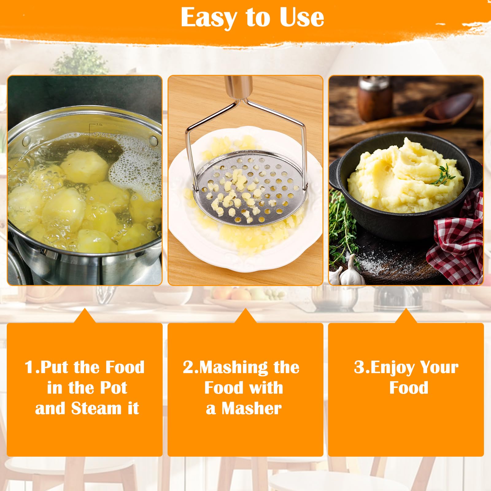 2 Piezas Prensador de Patatas de Acero Inoxidable, Aplastador de Patatas, Machacador de Patatas Aplastador de Patatas Cocidas Prensa Patatas para Pure para Calabaza, Patata Dulce, Frutas, Verduras