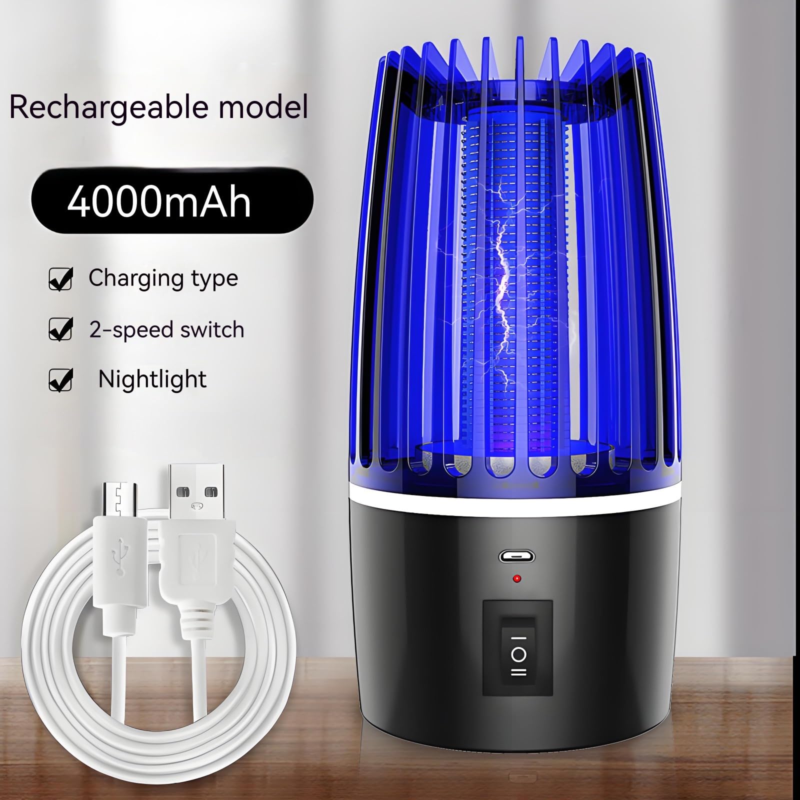 Trappola elettrica per zanzare, 4000 mAh, ricaricabile, con lampada UV, trappola per insetti 2 in 1, per uso interno ed esterno, ideale per cortile e campeggio
