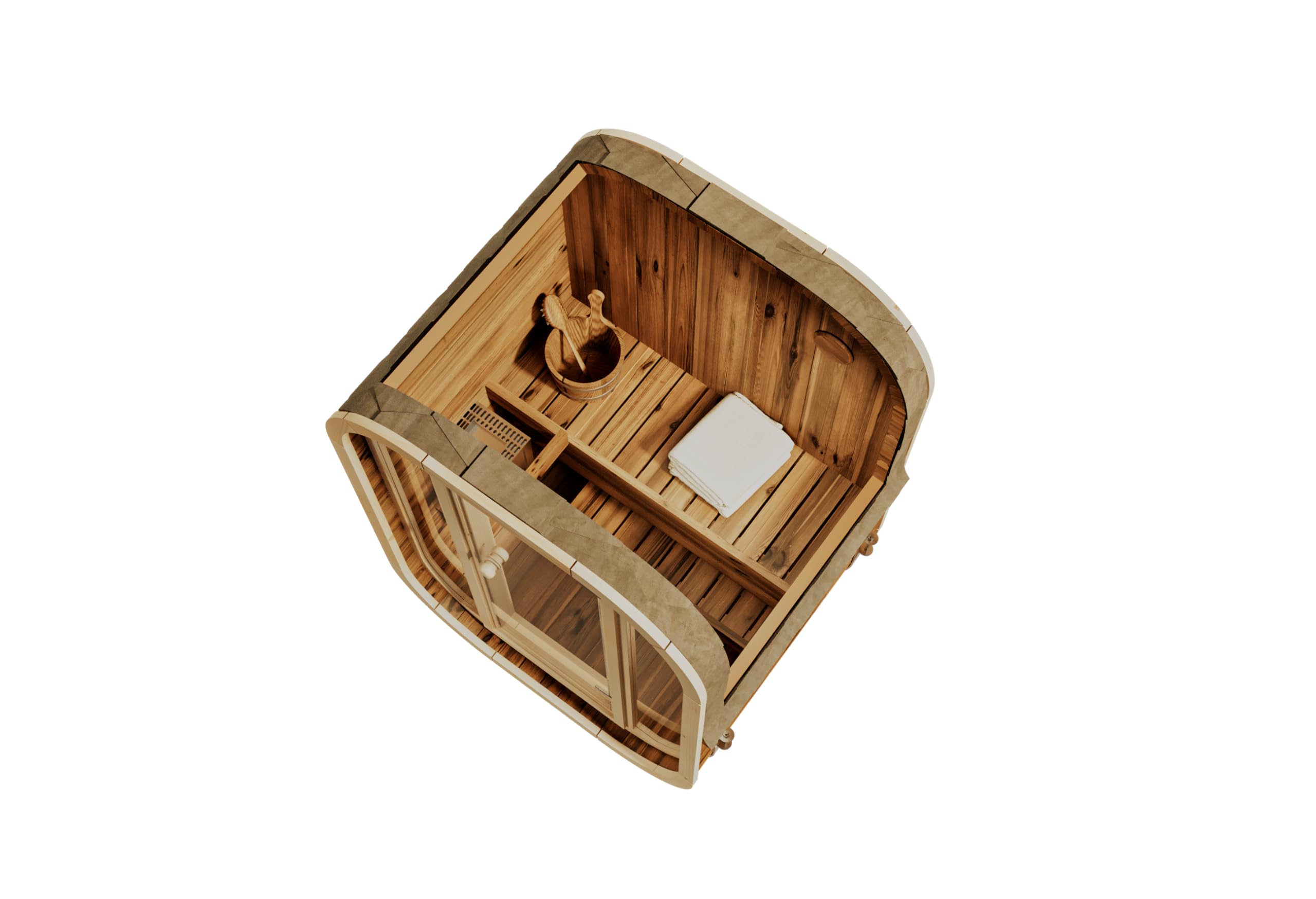 Fasssauna Ellipso S, Sauna d'Extérieur avec Couverture de Toit, Façade en Verre, 136 x 119 x 203 cm, 2 Personnes