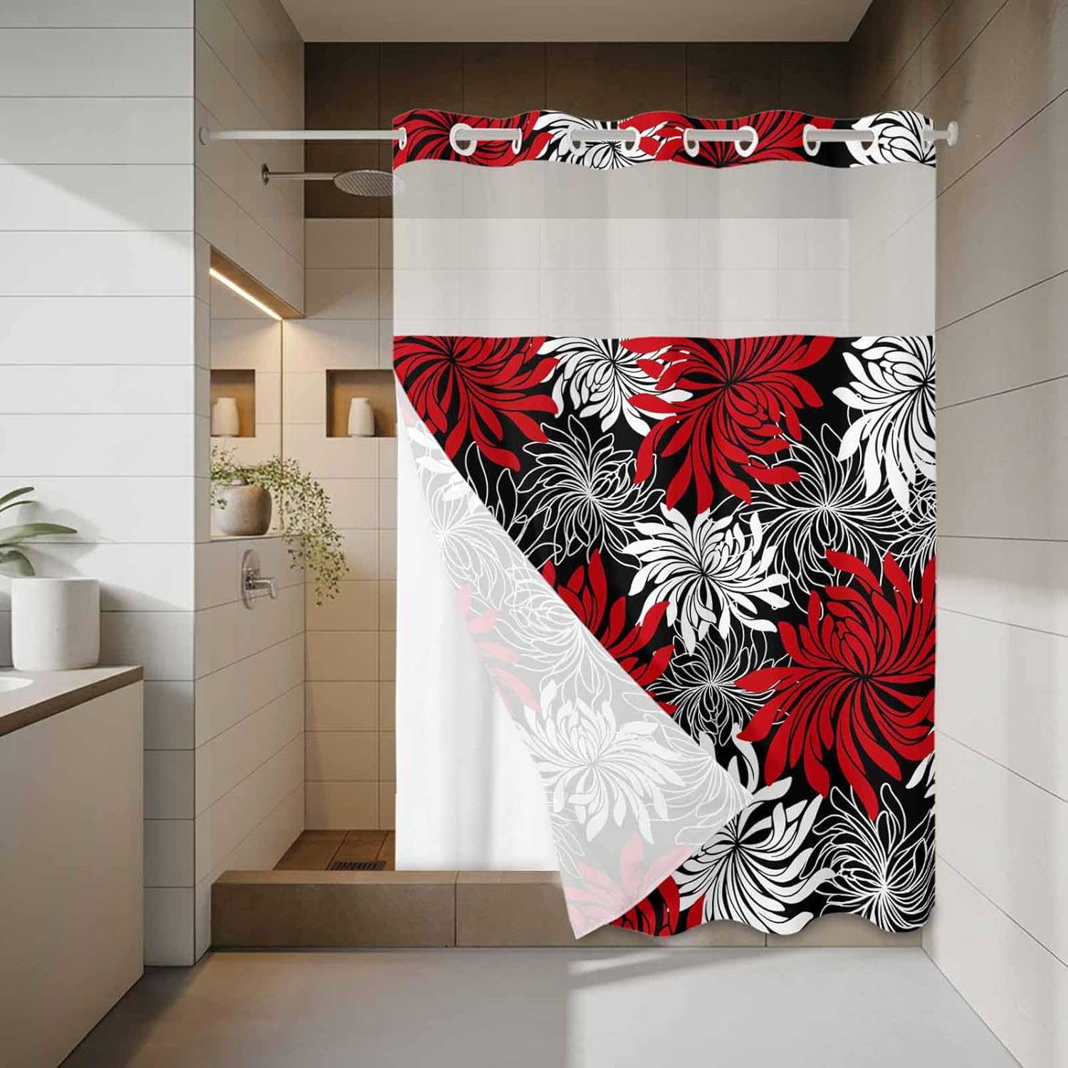 Red Black Floral No Hook Shower Curtain with Snap in Liner Vintage Red White Black Flower Waterproof Bathroom Shower Curtain with See Through Top Window for Bathtub 72" x 84"