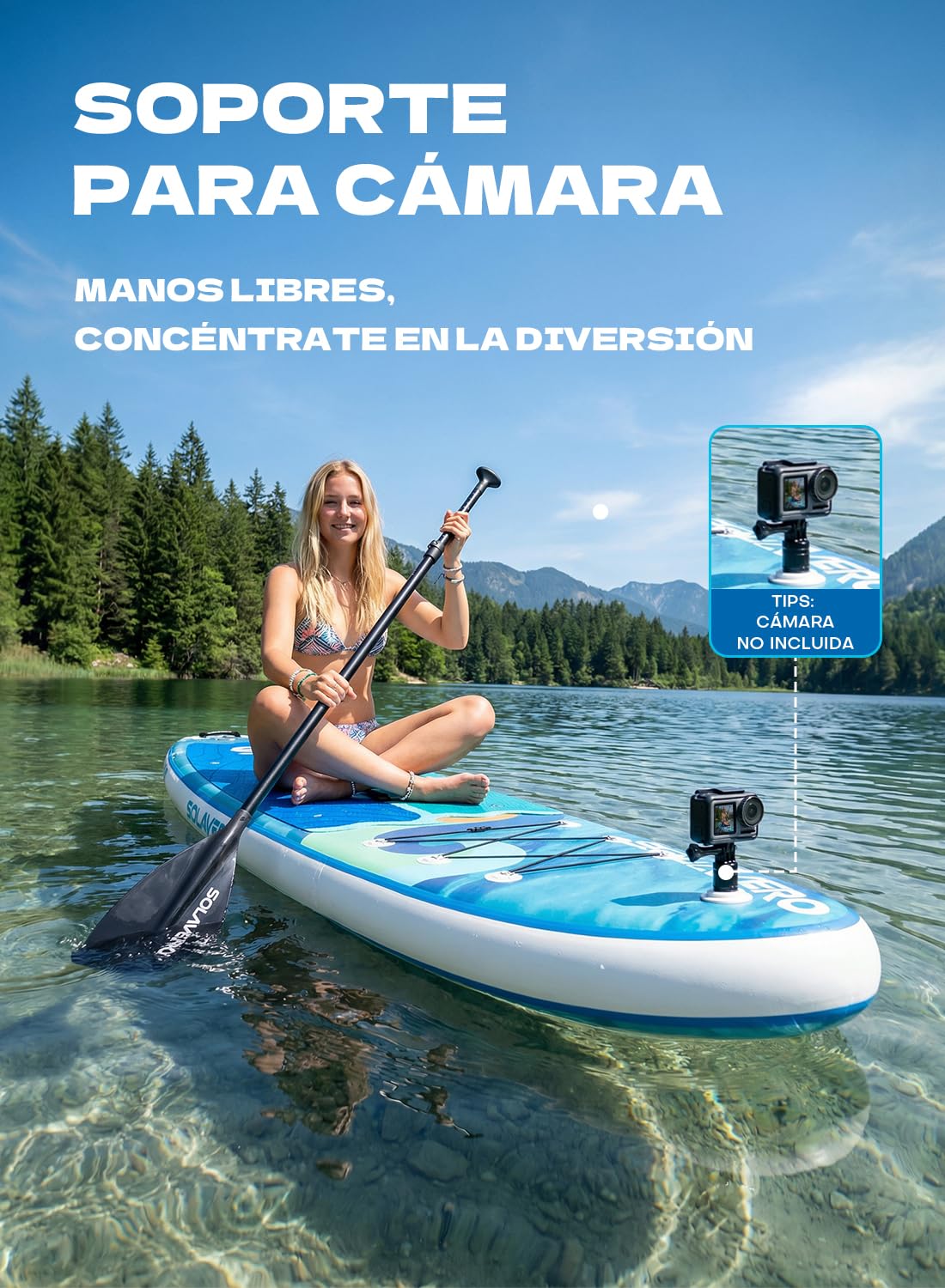 SOLAVERO Tabla Paddle Surf Hinchable, 335 x 83 x 15 cm Sup con Antideslizante EVA Deck, Paleta Ajustable, Soporte para Cámara, Quillas, para Todos los Niveles de Habilidad, hasta 200 kg