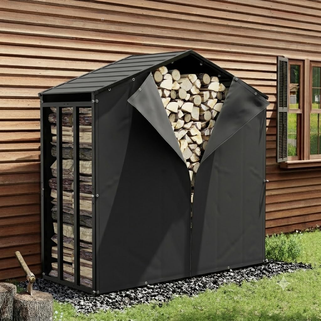 UDPATIO Metall Kaminholzregal Anthrazit 185 x 70 x 190 cm / 2,1m³ mit Metall Dach – Wetterfest, mit UV-Beständiger Plane, Stapelhilfe Kaminholzlage Holzlager für Garten Terrasse