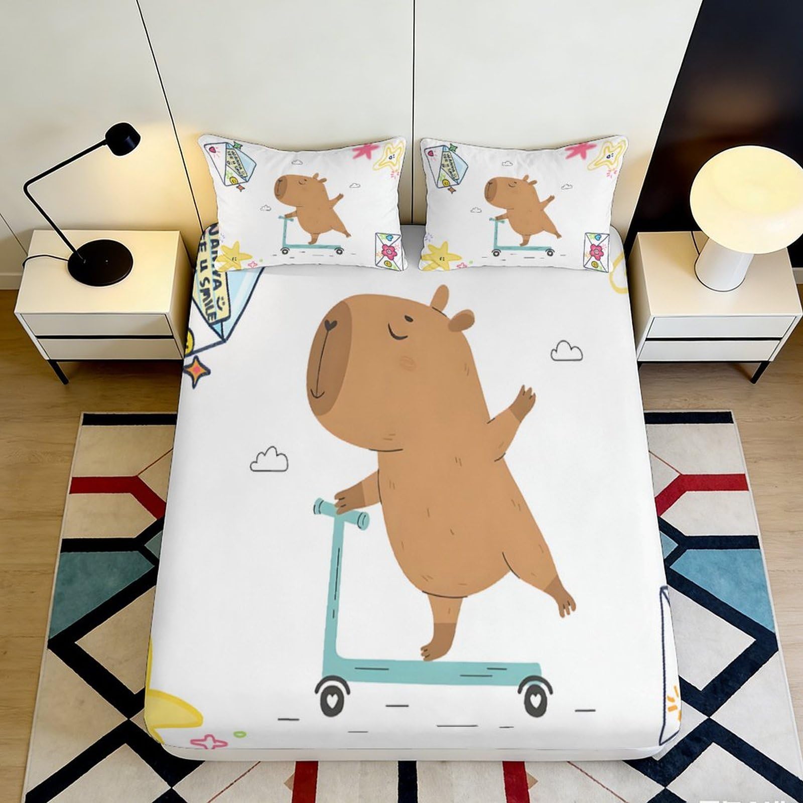 3D Printed Snowman Pattern Fitted Sheet Microfiber Non-Slip Deep Pocket Bedroom Snowman Mattress Fitted Cover Washable 160x200x25cm