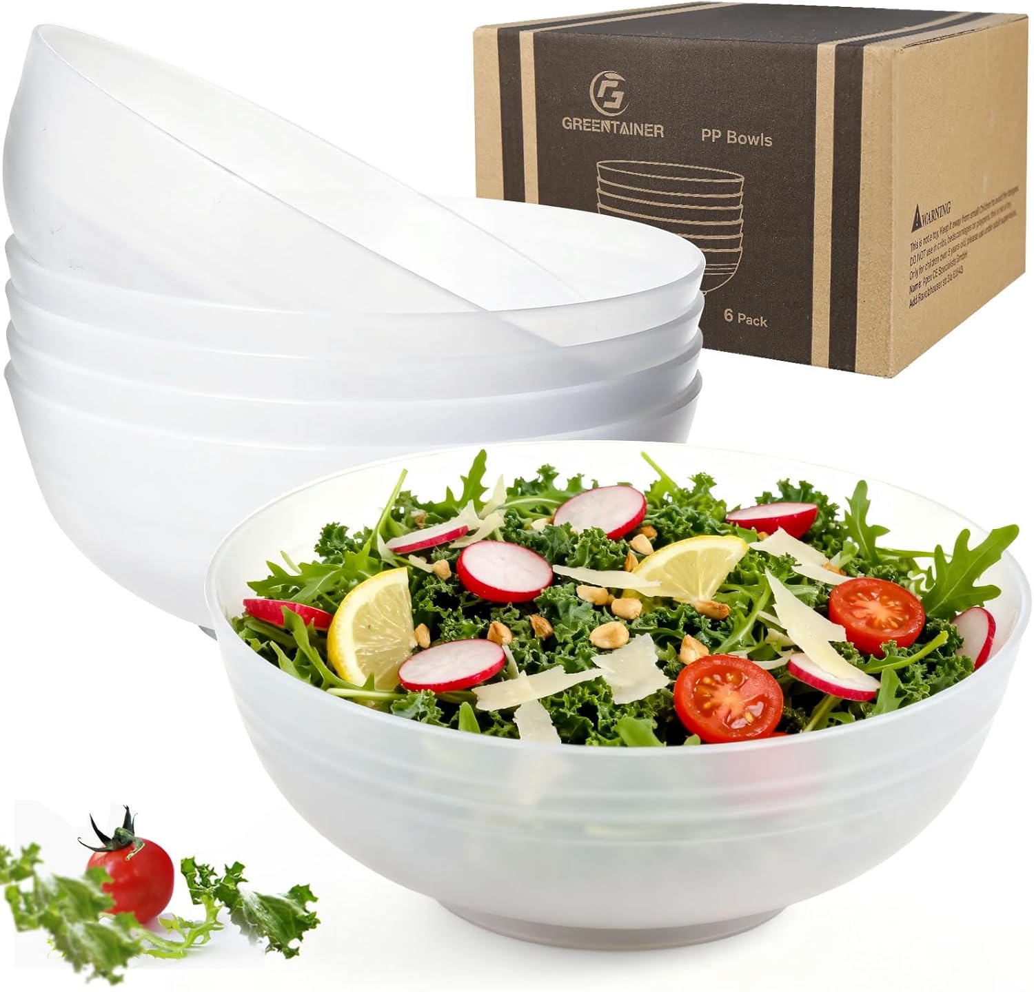 Greentainer Unbreakable Large Salad Bowls, 76 oz Plastic Clear Serving Bowl Set of 6, Lightweight Bowl for Soup, Cereal, Fruit, Popcorn, Dishwasher & Microwave Safe