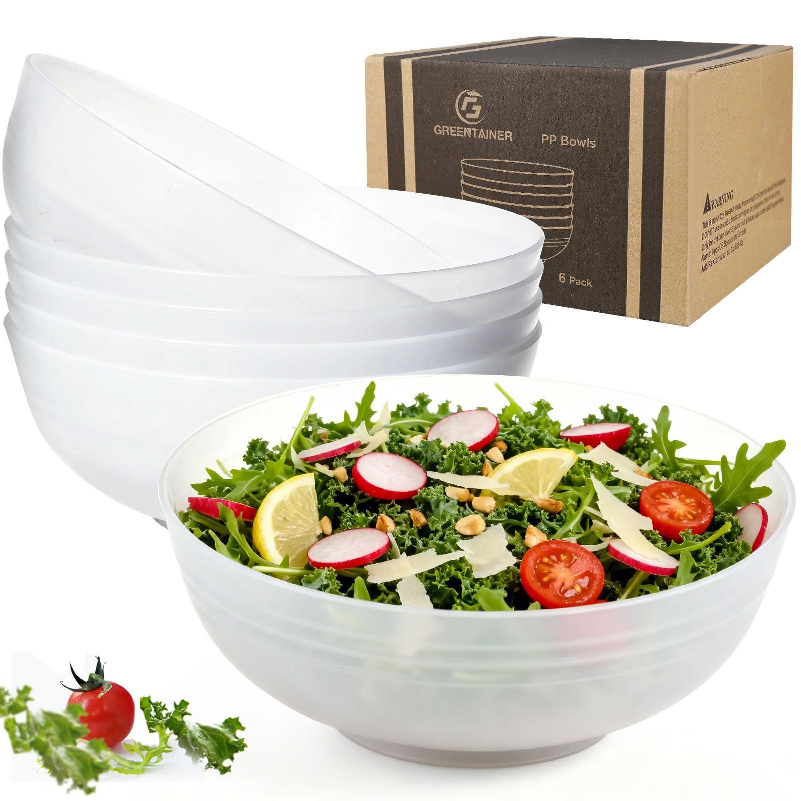 Greentainer Unbreakable Large Cereal Bowls - 2.25L Plastic Lightweight Salad, Soup, Fruit Bowl Set for Kitchen Storage Organizer, Dishwasher & Microwave Safe, 6 Pcs (Clear)