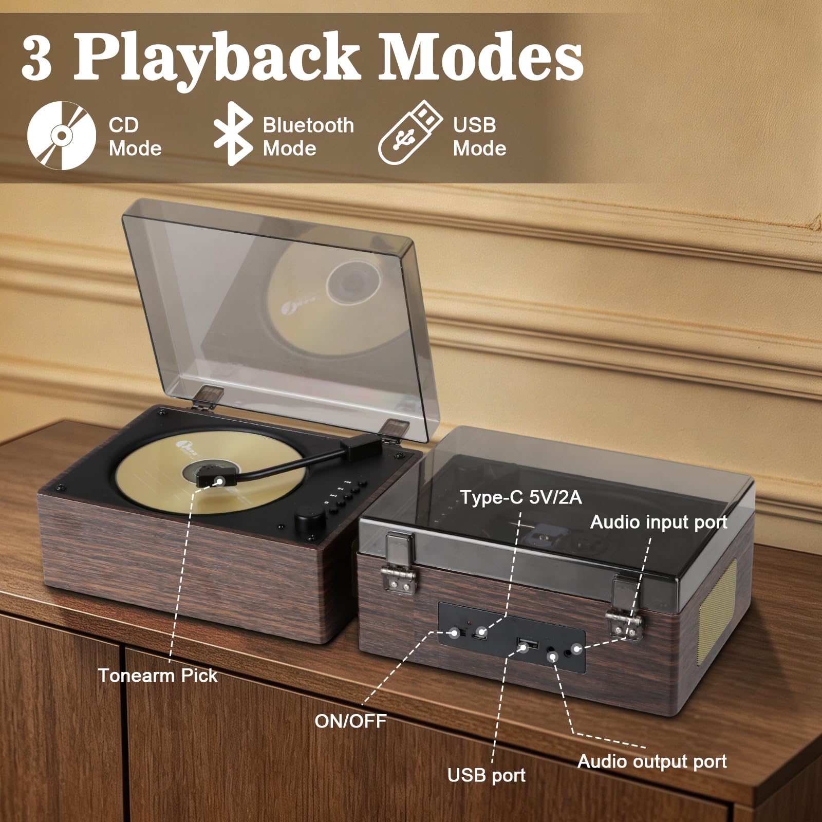 Lecteur CD Bluetooth 5.3 avec grain de bois pour la maison, lecteur de musique rétro de bureau, double haut-parleur Hi-Fi avec télécommande