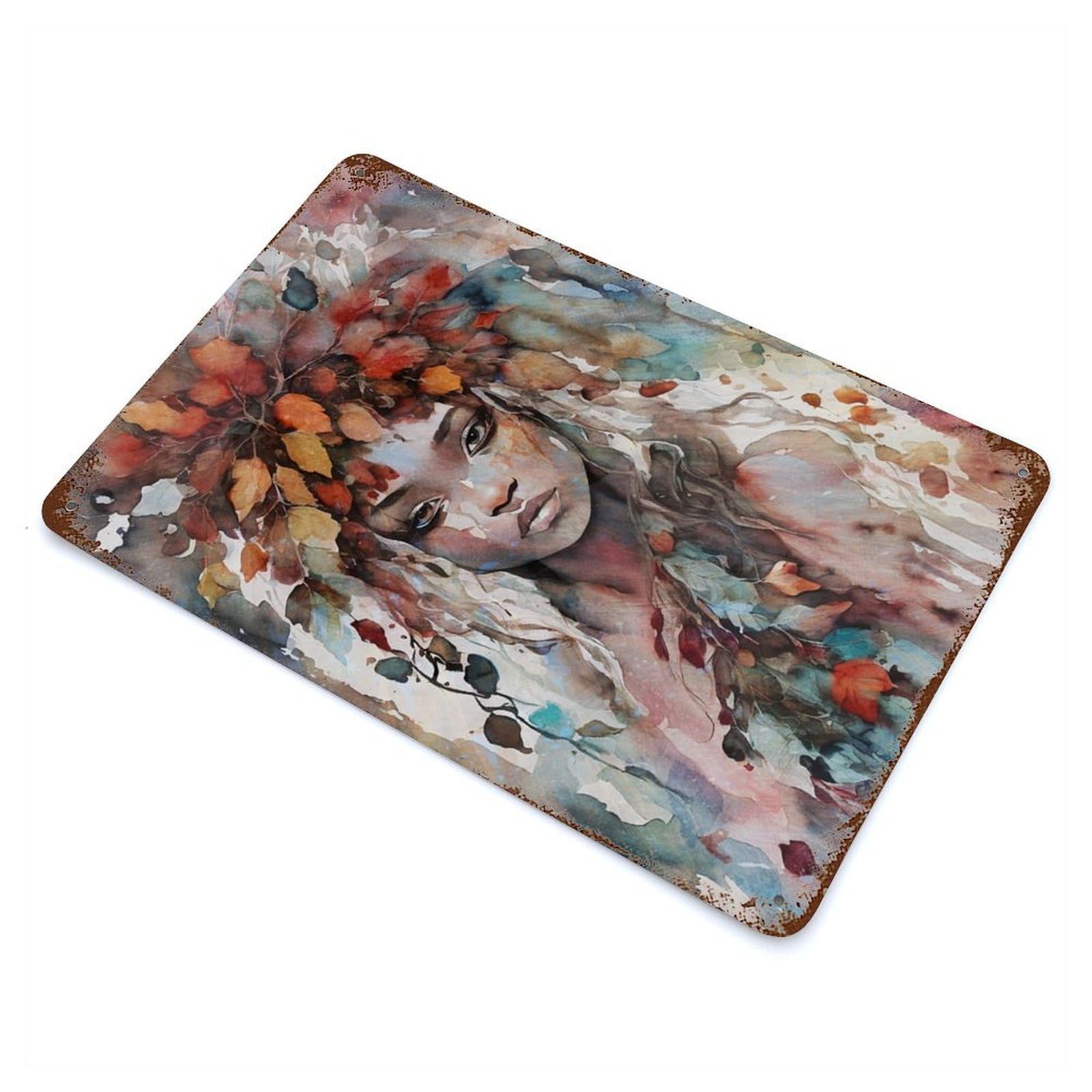 Autumn Nature Nymph Rustic Tin Plaque 11.8"x7.9", for Living Room, Hallway And Home Decor, Decorative Metal Wall Art