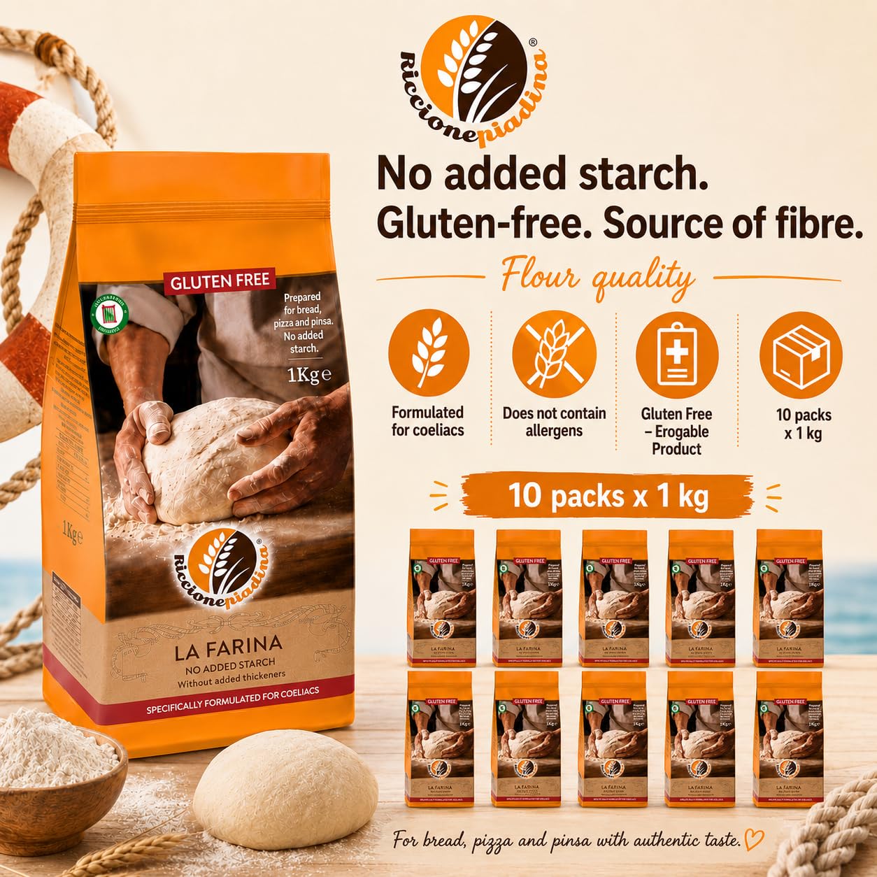 Riccione Piadina Farina Senza Glutine 10 pezzi da 1 kg - Preparato per Pane, Pizza e Pinsa - Mix Universale per Lievitati, Fonte di Fibre, Senza Amido Deglutinato, Formulato per Celiaci