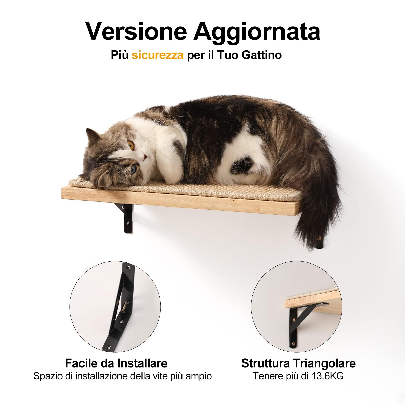 FUKUMARU Mensole da Parete Per Gatti, 40 x 25 cm, Mobili per Gatti a Parete da Arrampicata,Mensola con Tappetino in Sisal, Letto a Parete in Legno Massello di Gomma,per Dormire Giocare e Graffiare.