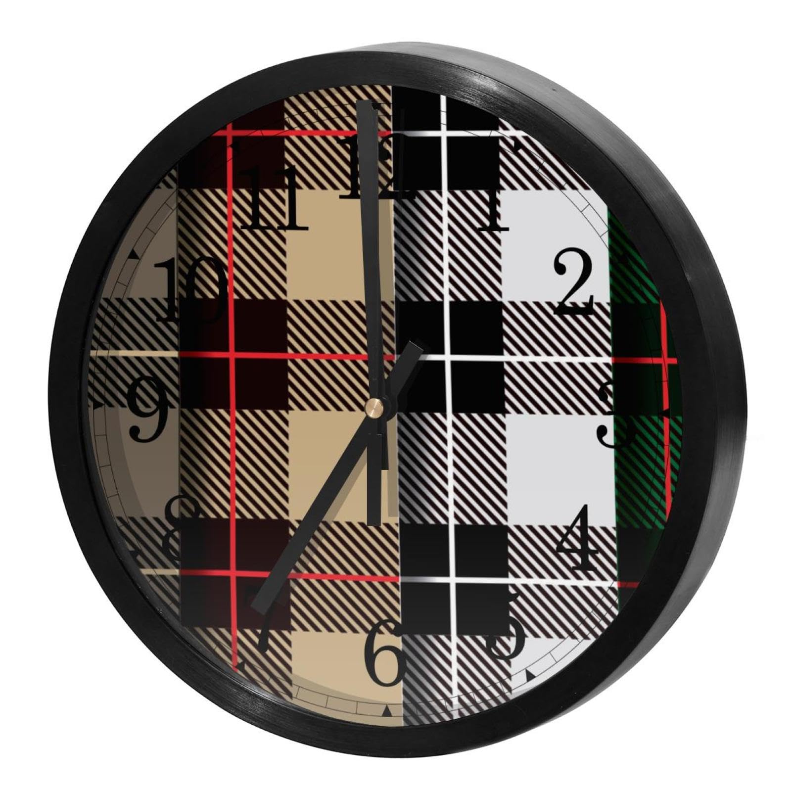Horloge murale silencieuse à quartz ronde à motif écossais marron et blanc pour la cuisine