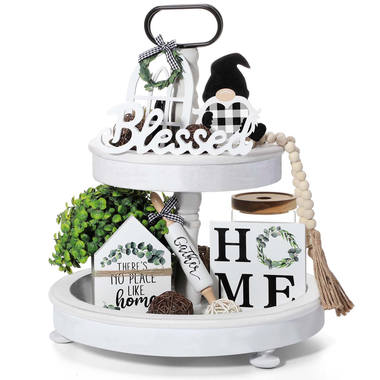 10 Pieces Farmhouse Decor for Tiered Tray, Black White Buffalo Plaid Gnome Wooden Mini Sign Rustic Table Ornaments with String Lights for Kitchen Table Decoration, Housewarming Gift(Cute Style)